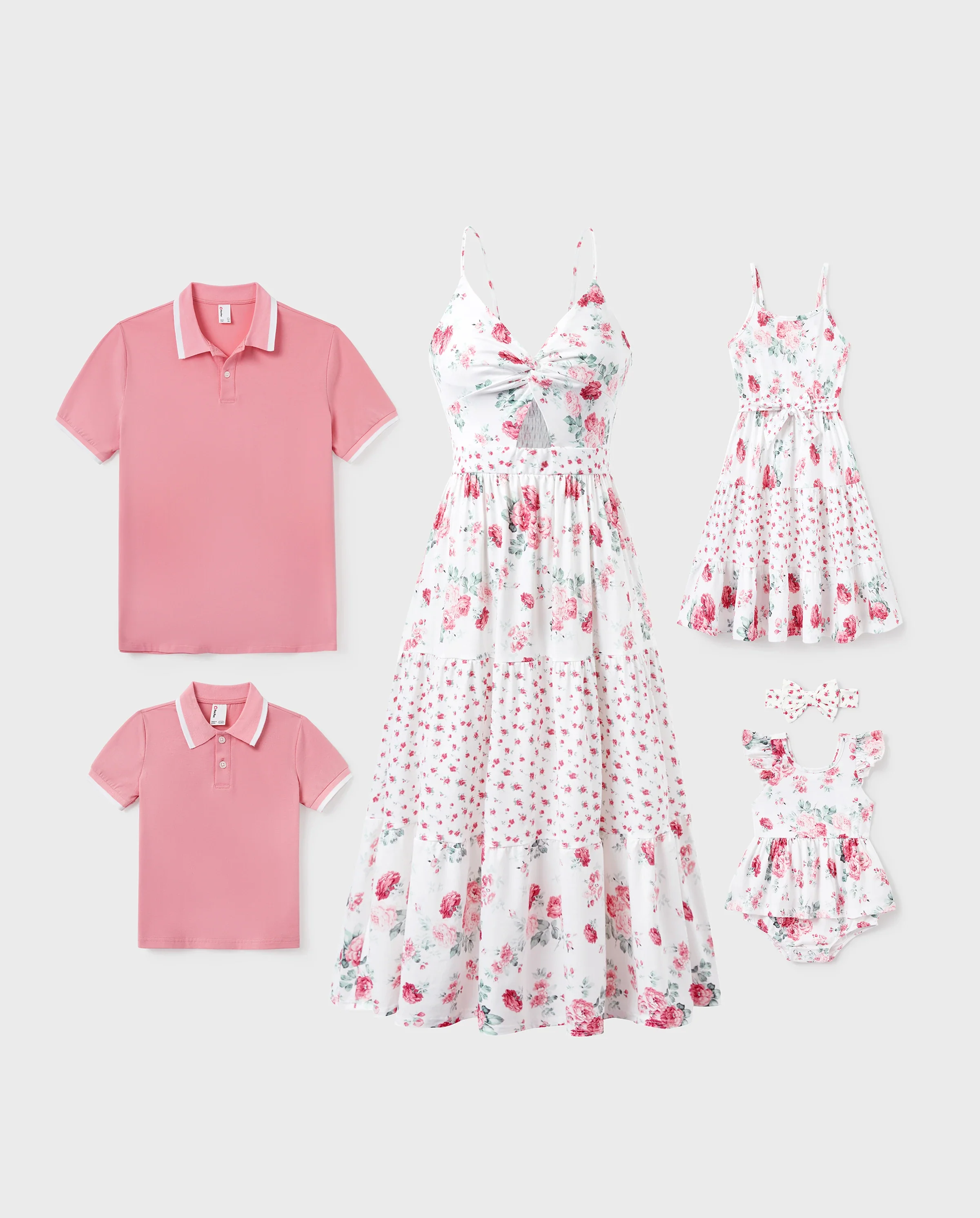 Family Matching Outfits Set Solid Color Short-sleeve Polo Collar Shirt or Flower Print Hollow out Dress  Pink - Image 10