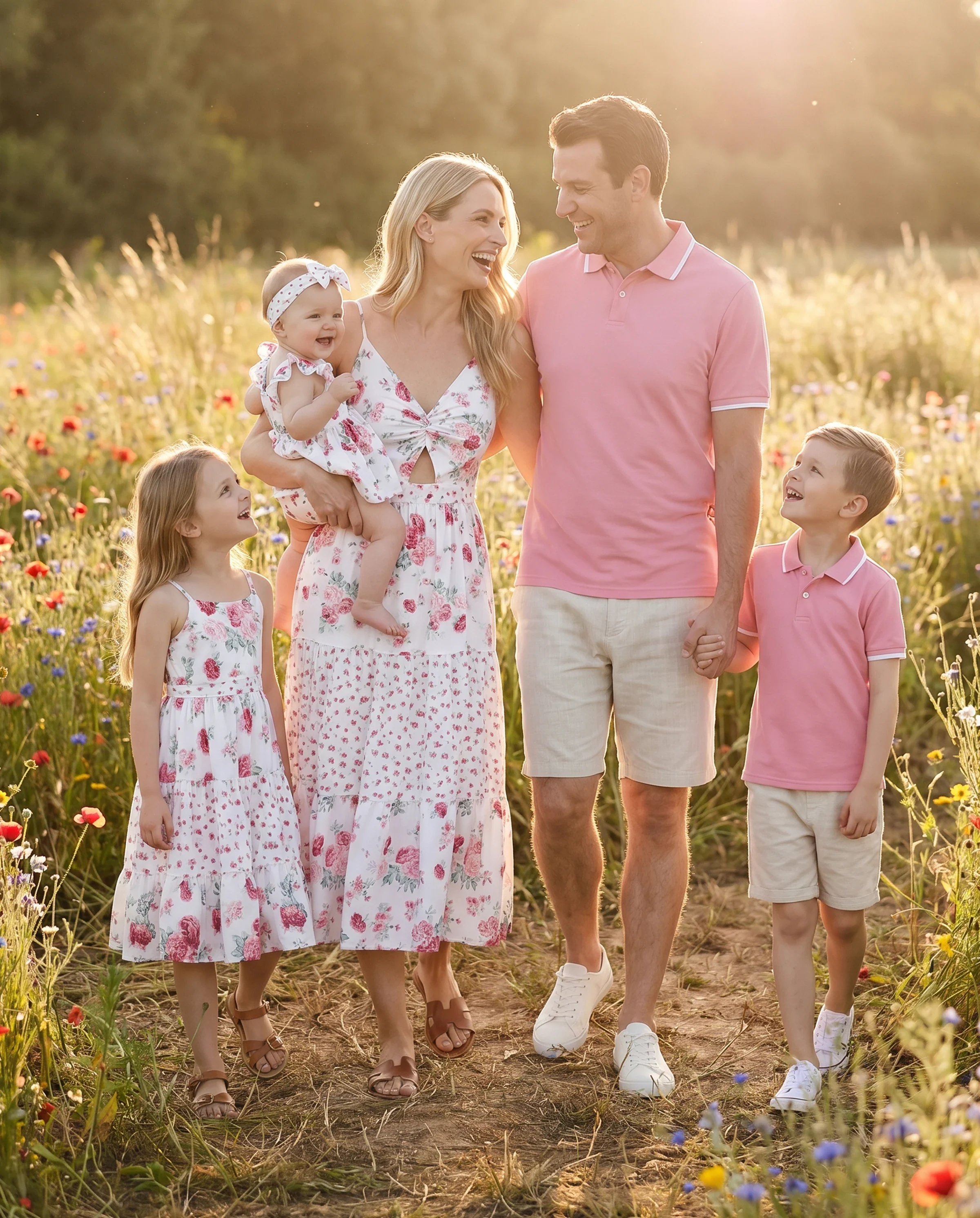 Family Matching Outfits Set Solid Color Short-sleeve Polo Collar Shirt or Flower Print Hollow out Dress  Pink - Image 11