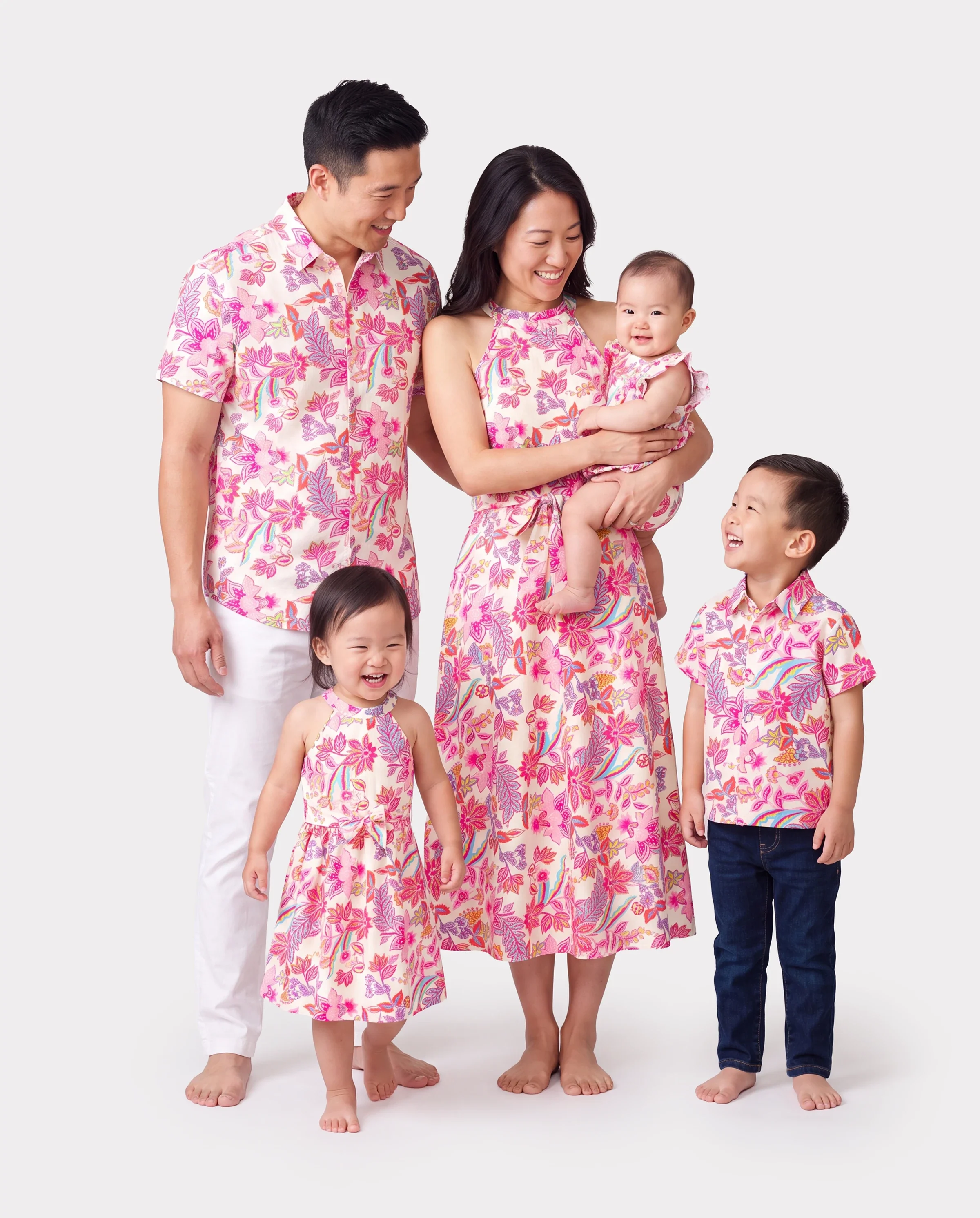 Family Matching Outfits Set Tropical Flora Print Short-sleeve Collar Shirt or Halter Belted Dress for Summer Vacation Beige