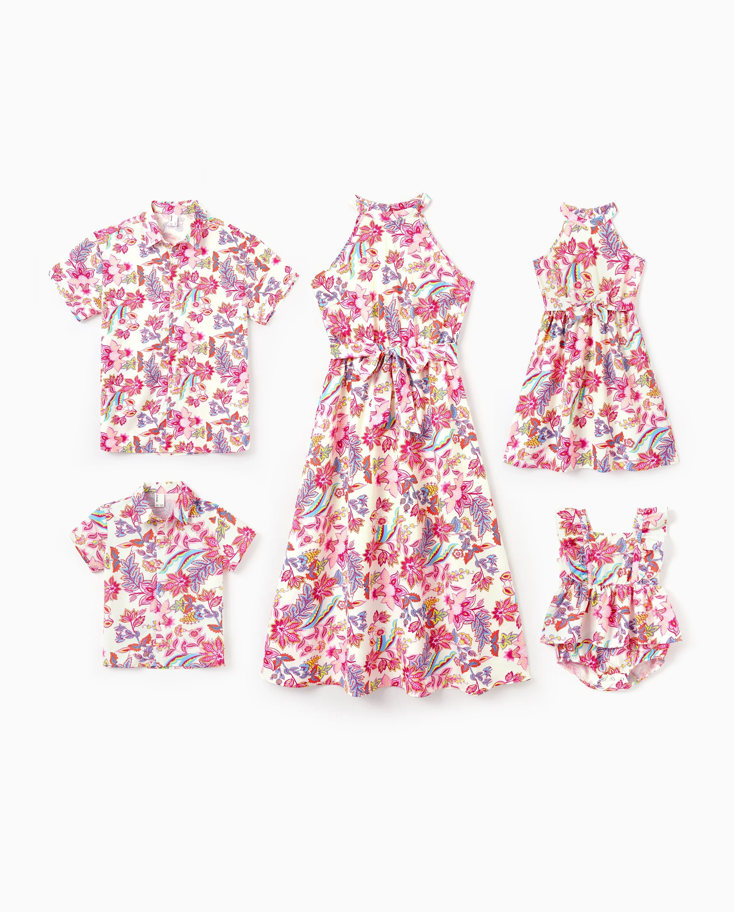 Family Matching Outfits Set Tropical Flora Print Short-sleeve Collar Shirt or Halter Belted Dress for Summer Vacation Beige - Image 10