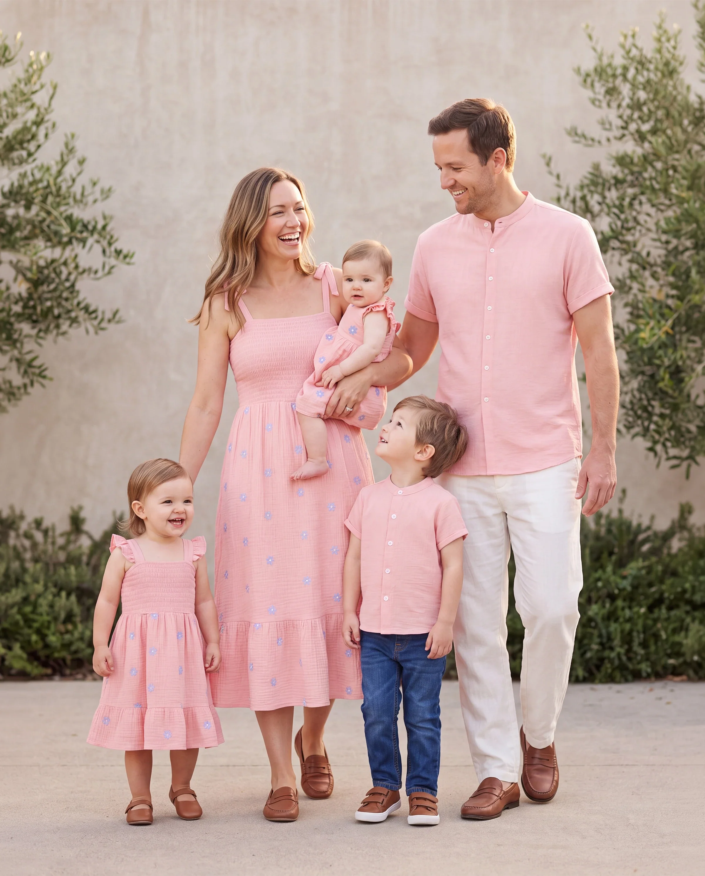 Family Matching Pink Outfits Flower Print Smocked Tie-Back Cotton Dress for Mom & Daughter, Solid Shirts for Dad & Son, Perfect for Summer Family Outings & Photos Mauve Pink - Image 10
