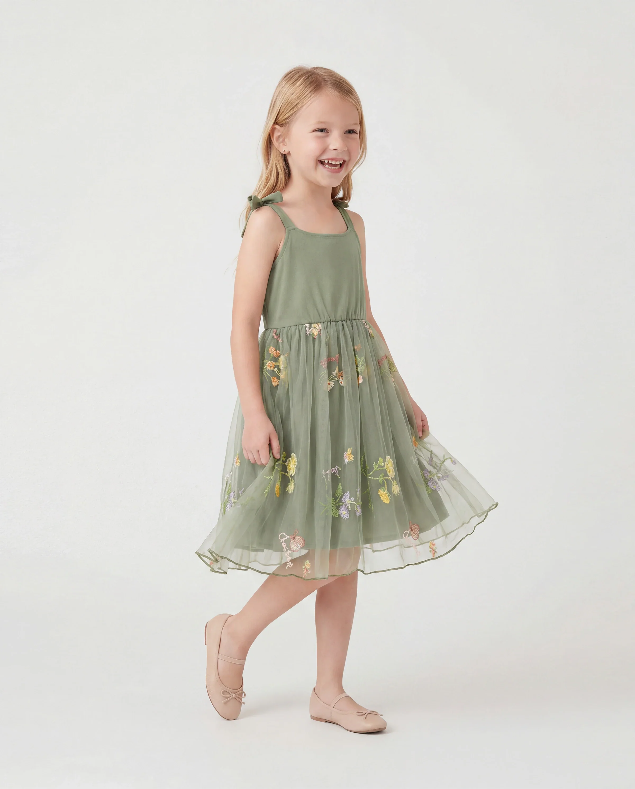 Family Matching Polo Collar Short-sleeve Shirt or V-neck Strappy Mesh Dress Green - Image 3