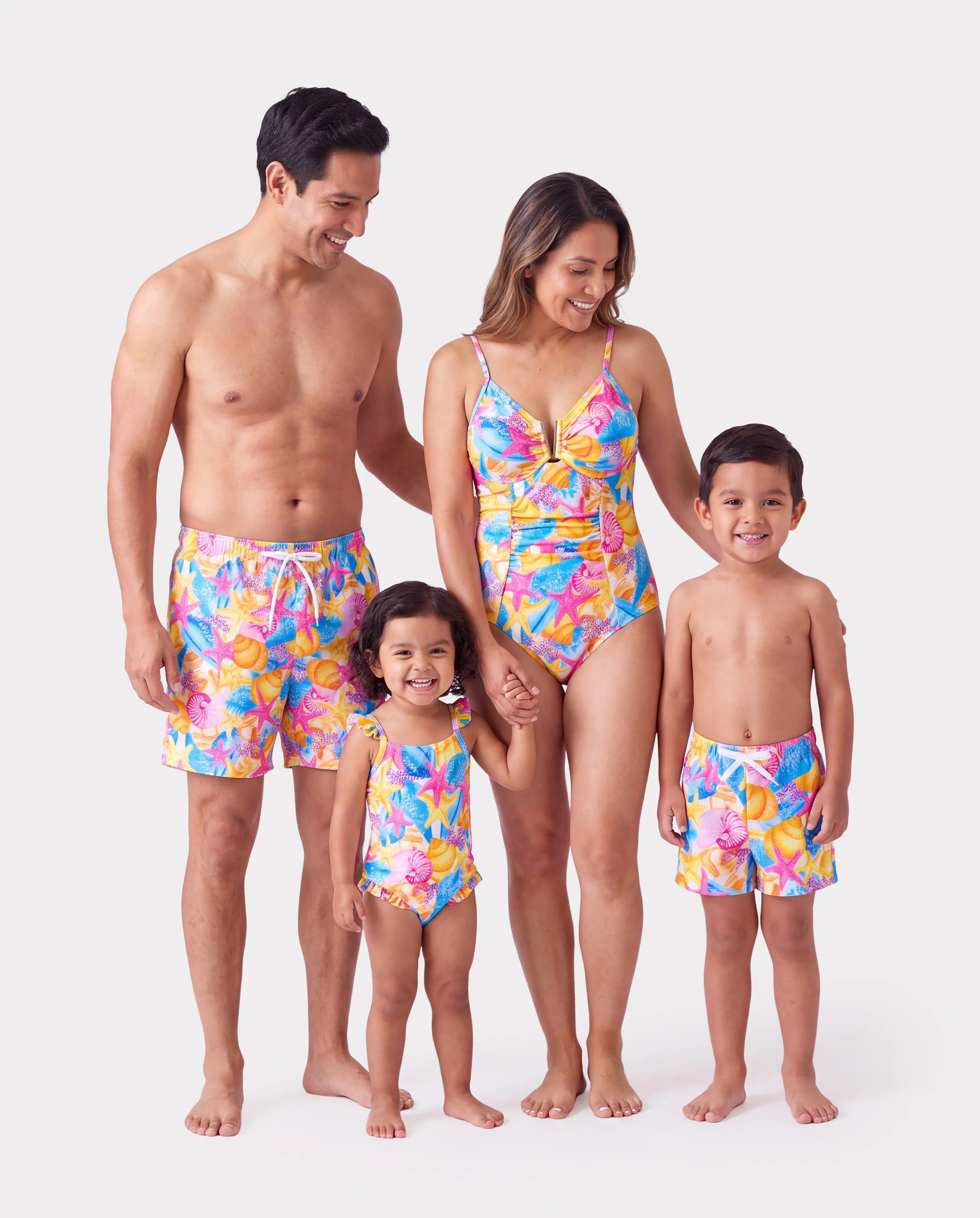 Family Matching Seashell & Starfish Print Swimsuits Ruched One-Piece & Swim Trunks Set Multi-color