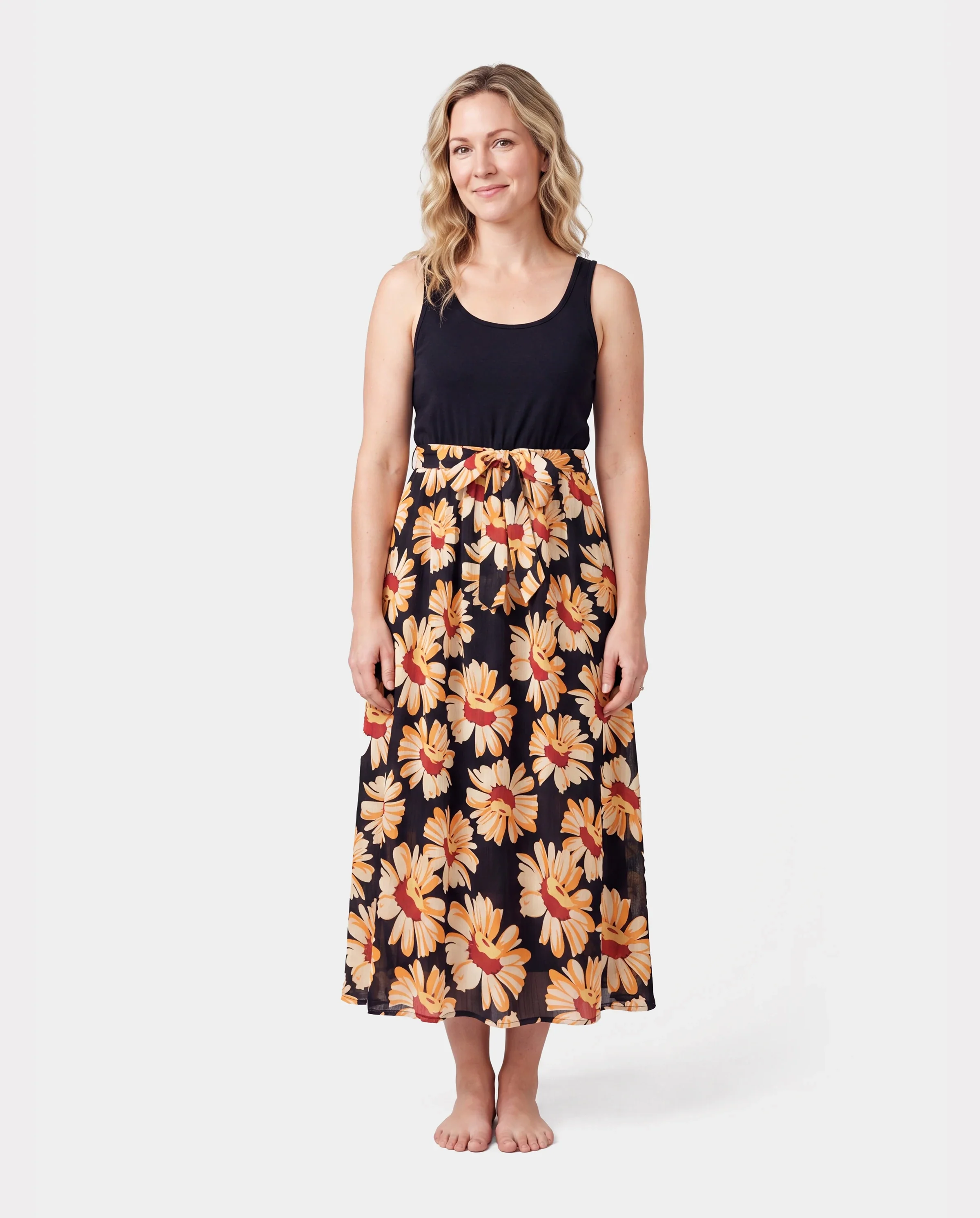 Family Matching Set Floral Sleeveless Strappy Dress or Colorblock Short-sleeve T-shirt  Black - Image 2