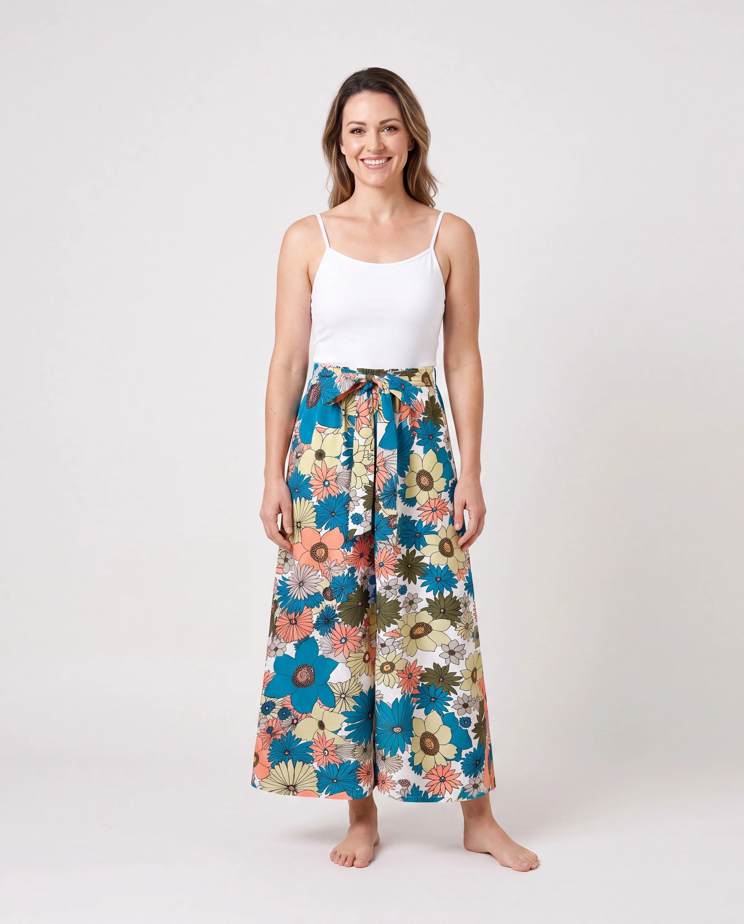 Family Matching Set Sun Flower Print Short-sleeve Collar Shirt or White Camisole Top and Flower Wide-leg Pants Set for Summer Vacation Multi-color - Image 2