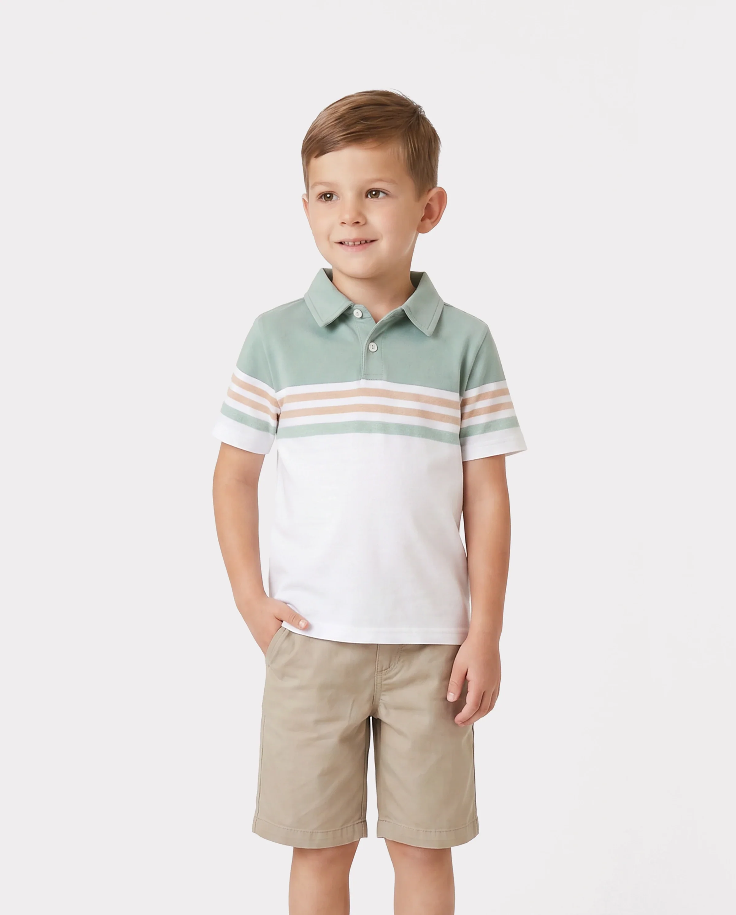 Family Matching Sets Green Striped Polo Shirt or Flora Print Strap Belted Dress Light Green - Image 5