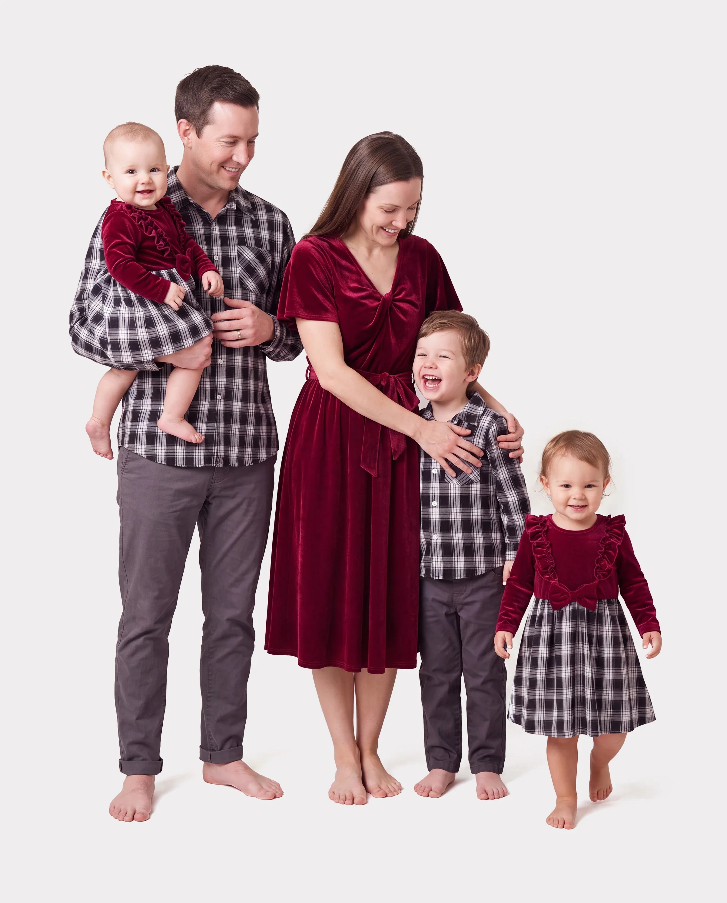 Family Matching Sets Long Sleeves Black and White Plaid Sweatshirt or Velvet Short-sleeve Belted Dress Burgundy