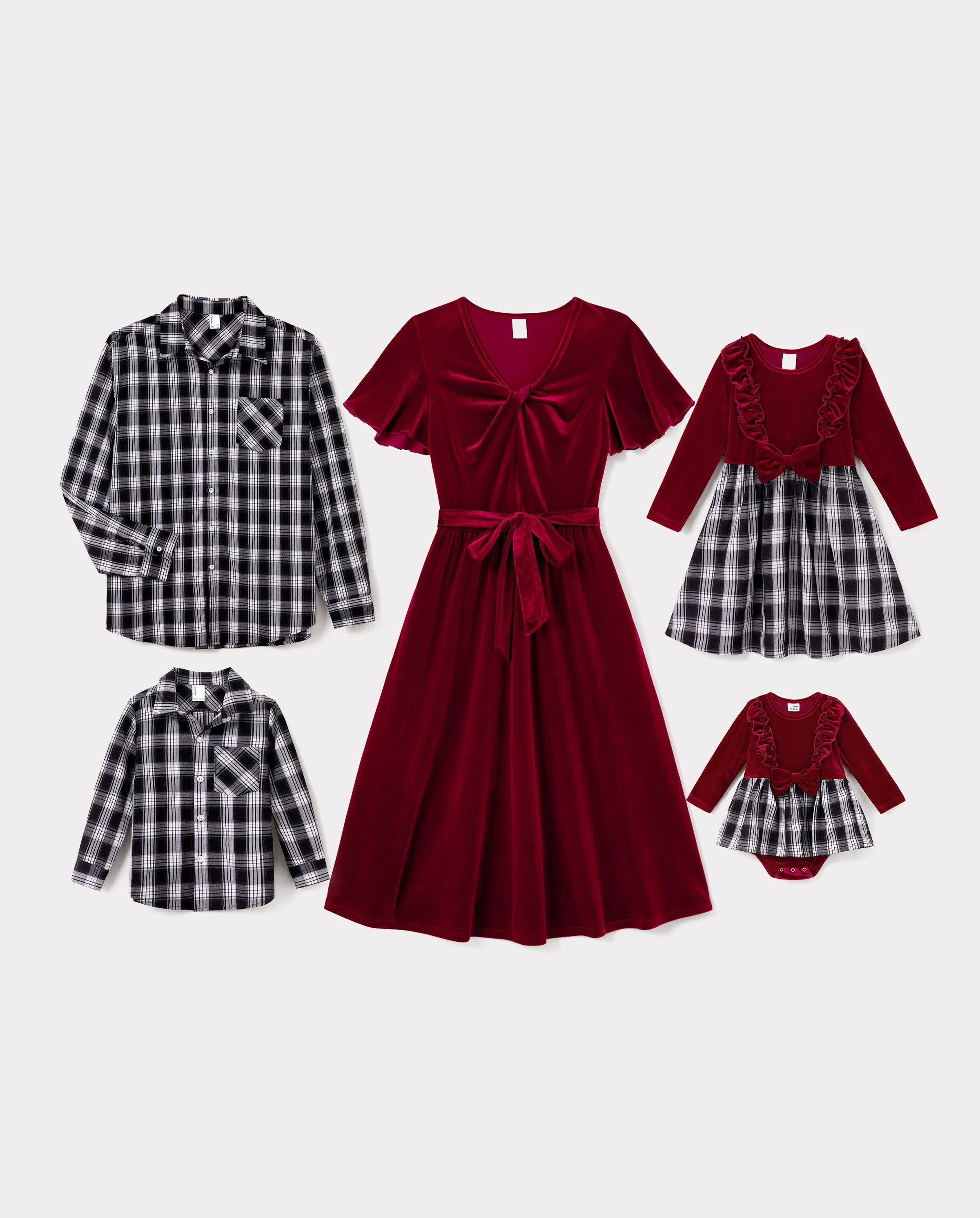 Family Matching Sets Long Sleeves Black and White Plaid Sweatshirt or Velvet Short-sleeve Belted Dress Burgundy - Image 10