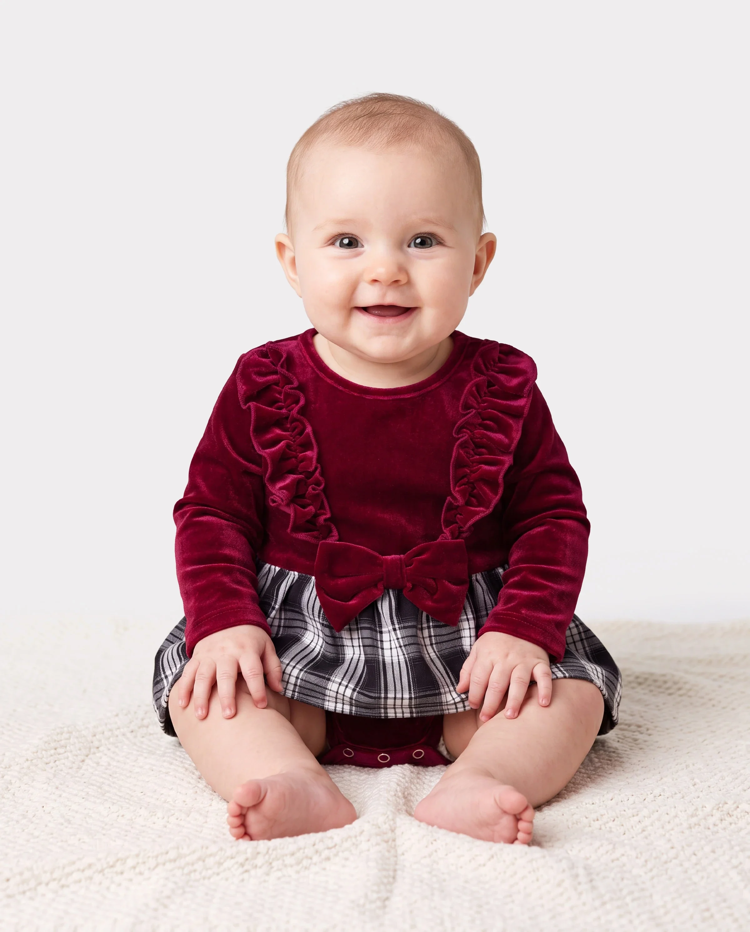 Family Matching Sets Long Sleeves Black and White Plaid Sweatshirt or Velvet Short-sleeve Belted Dress Burgundy - Image 4