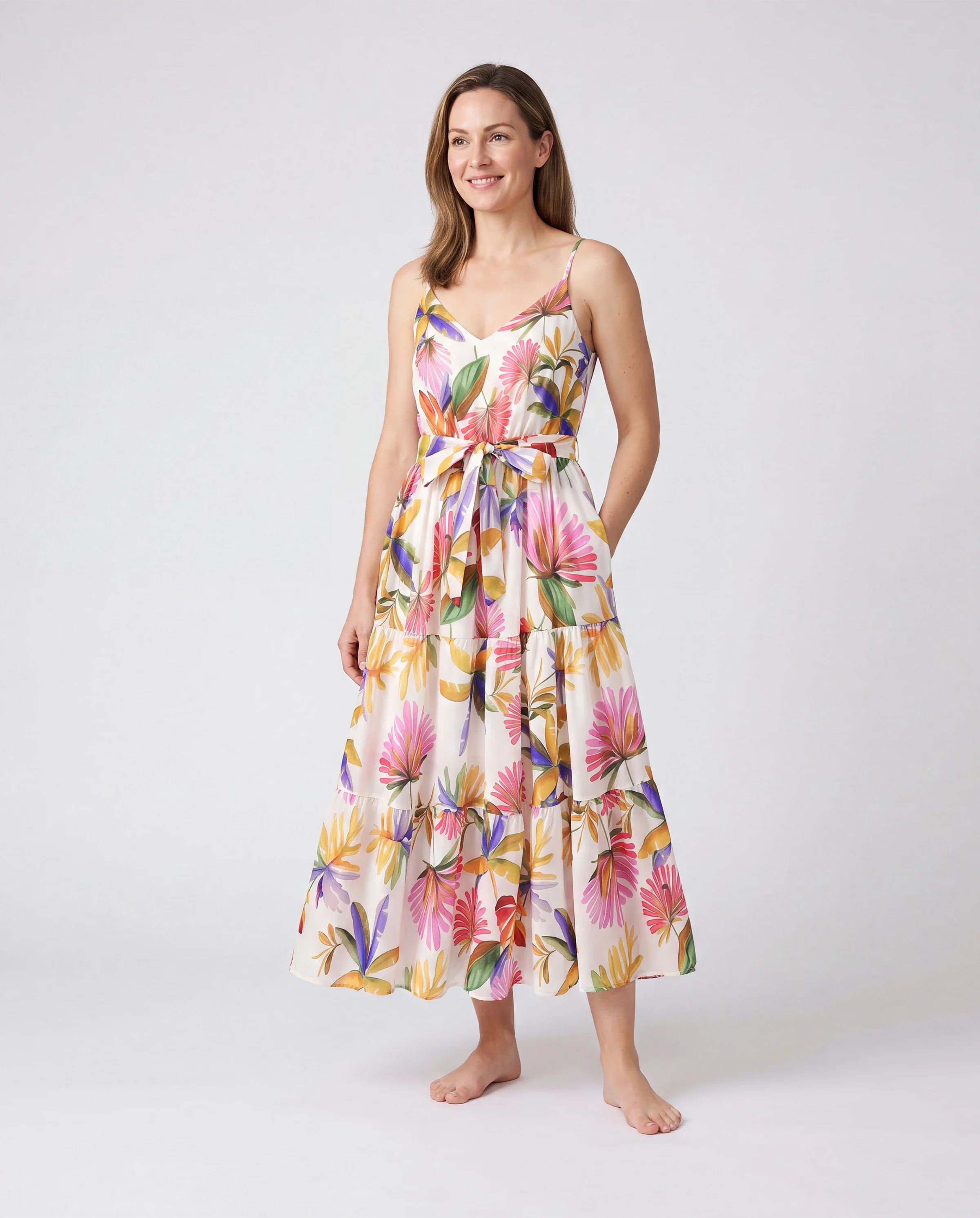 Family Matching Sets Tropical Floral V-Neck Dress & Short Sleeve Tee with Adjustable Straps Deep White Apricot - Image 2