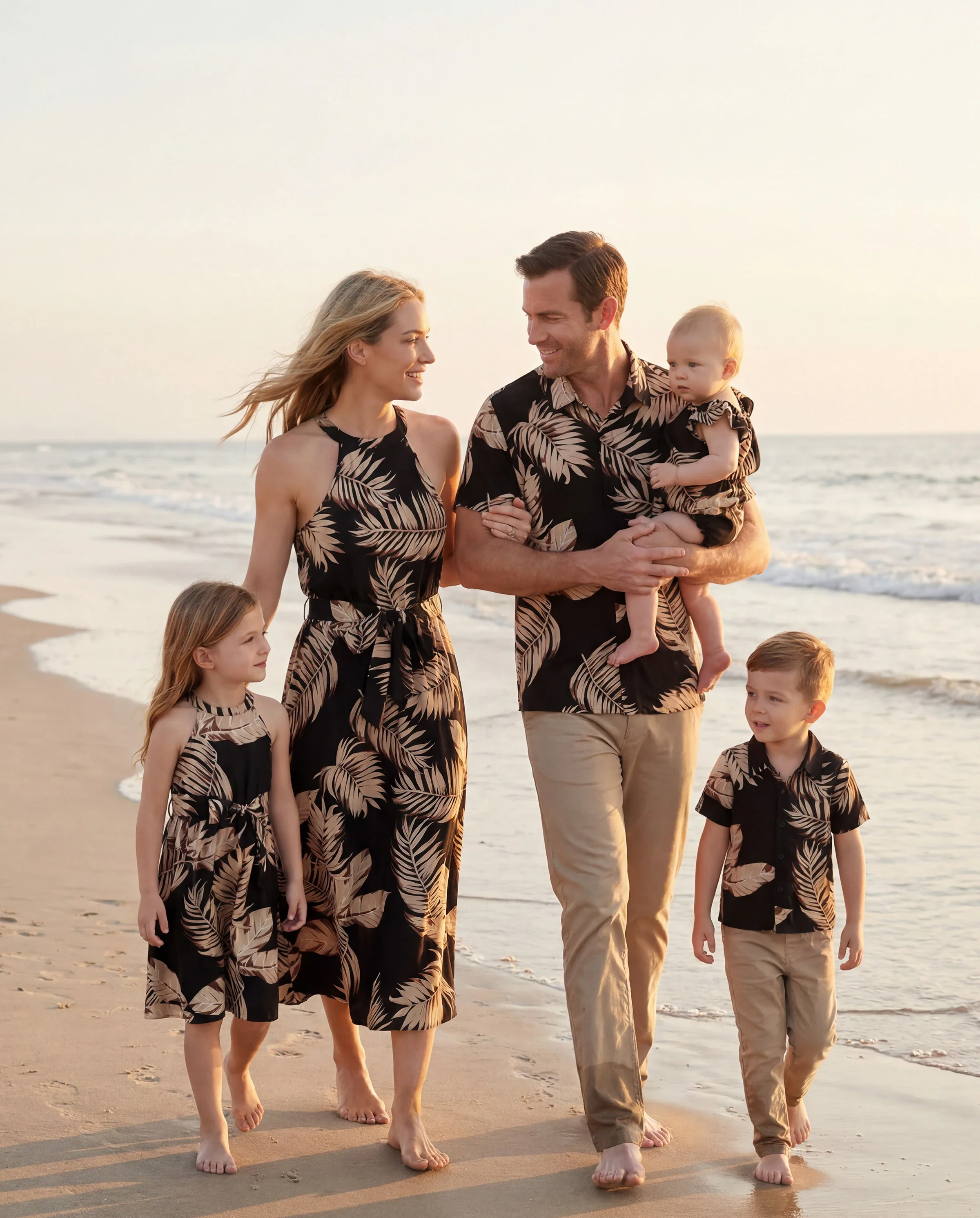 Family Matching Solid Leaf Sleeveless Halter Dresses And Short Sleeve Tops Sets Black - Image 10