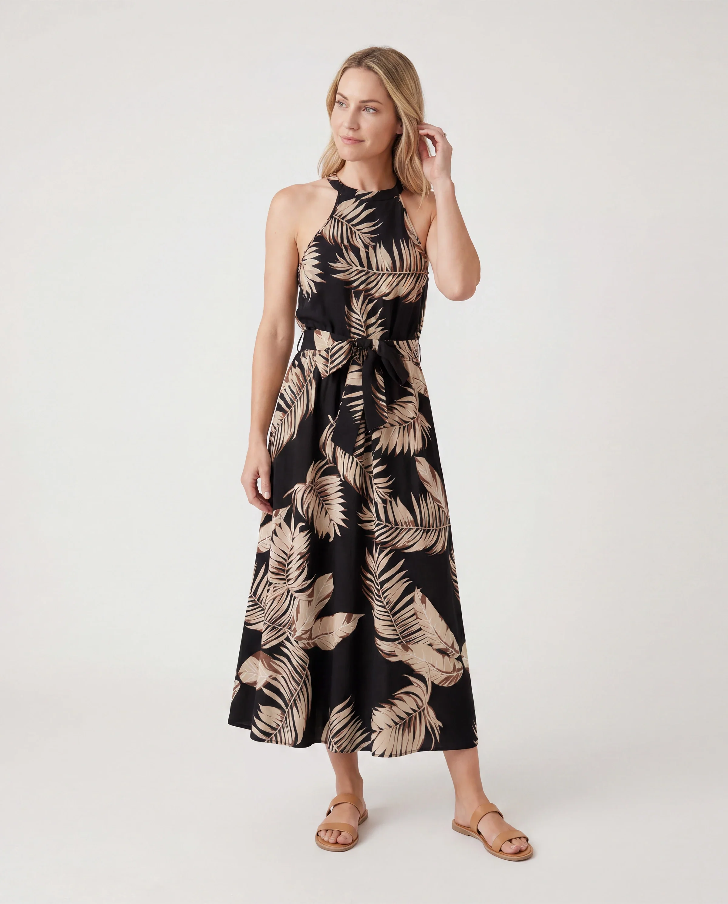 Family Matching Solid Leaf Sleeveless Halter Dresses And Short Sleeve Tops Sets Black - Image 2