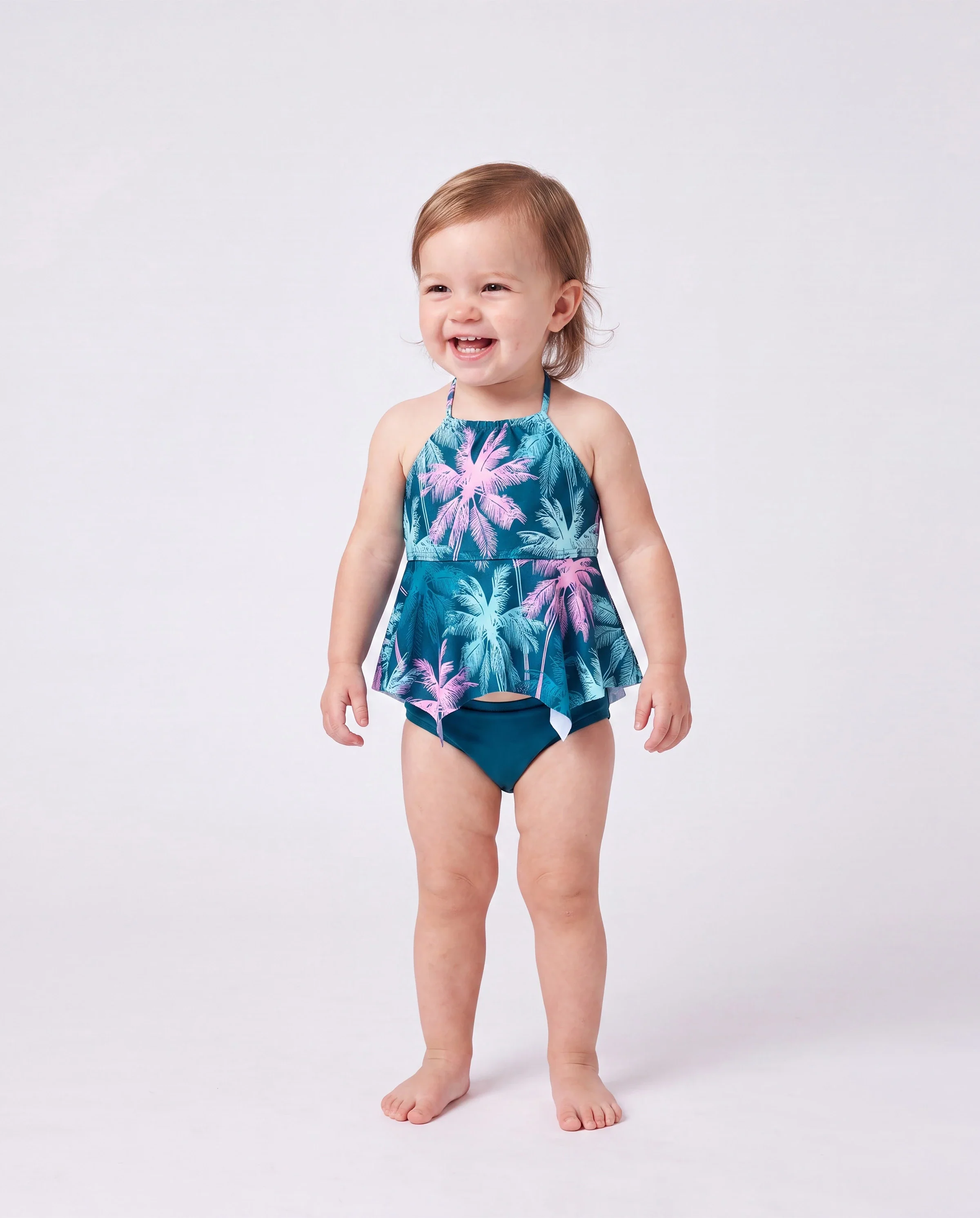 Family Matching Swimsuits Tropical Palm Tree Print, Mommy and Me Ruffle two-piece Swimsuit, Daddy and Son Swim Trunks Set, Beach Vacation Swimwear Turquoise - Image 3
