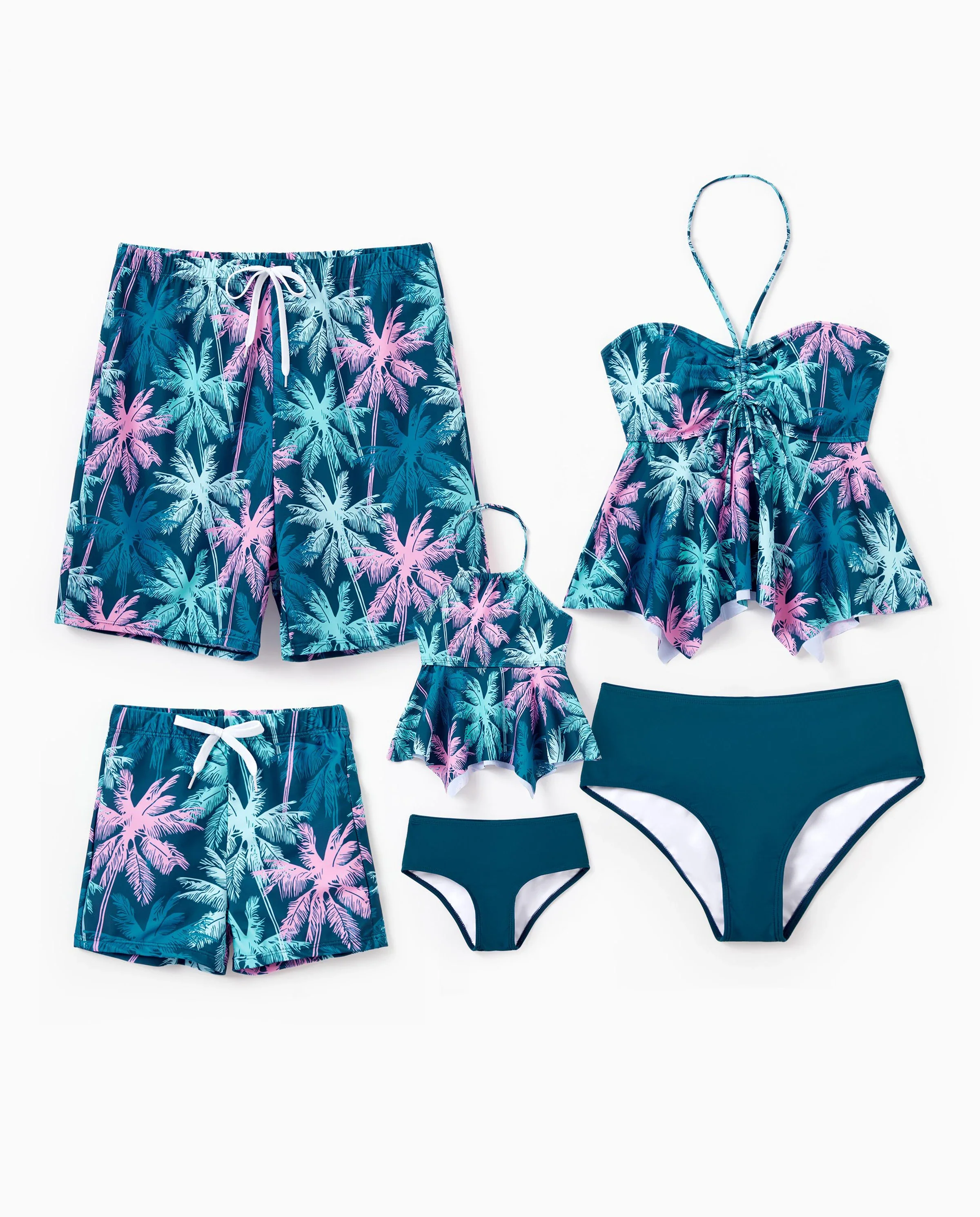 Family Matching Swimsuits Tropical Palm Tree Print, Mommy and Me Ruffle two-piece Swimsuit, Daddy and Son Swim Trunks Set, Beach Vacation Swimwear Turquoise - Image 9