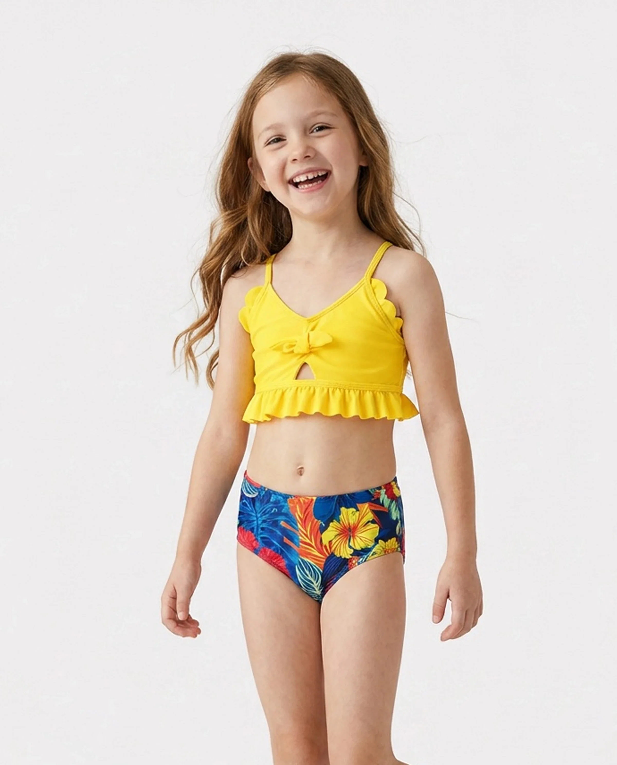 Family Matching Swimwear Set Floral Scalloped Strappy Bikini and Swim Trunks ColorBlock - Image 3