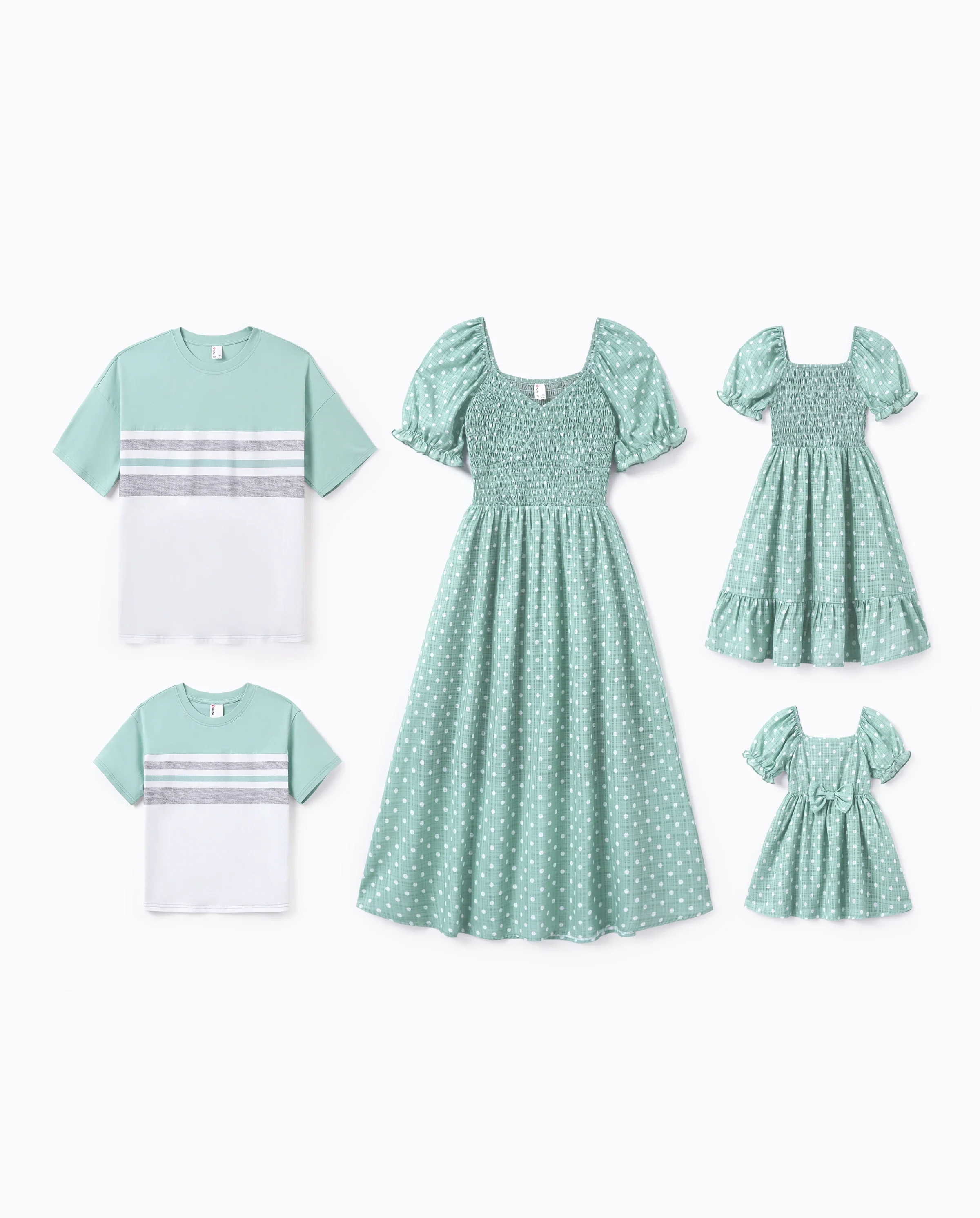 Family Matching T-Shirt & Dress Set Polka Dot Puff-sleeve Dress for Mom, Daughter & Baby, Color Block Cotton Tee for Dad & Son, Perfect for Family Outings & Photos Light Green - Image 10