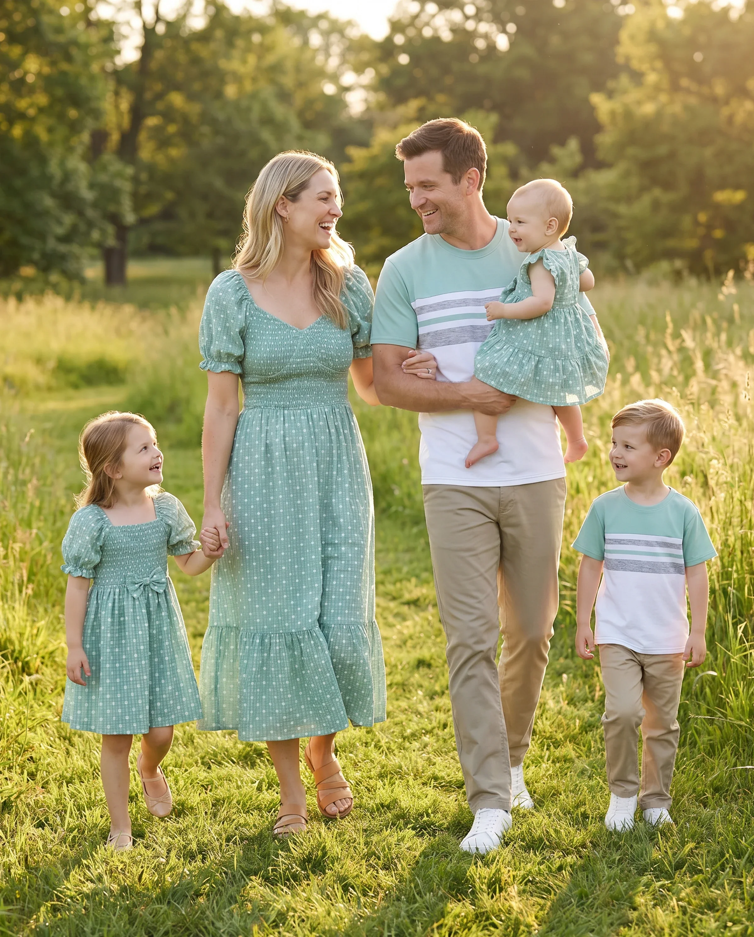 Family Matching T-Shirt & Dress Set Polka Dot Puff-sleeve Dress for Mom, Daughter & Baby, Color Block Cotton Tee for Dad & Son, Perfect for Family Outings & Photos Light Green - Image 11