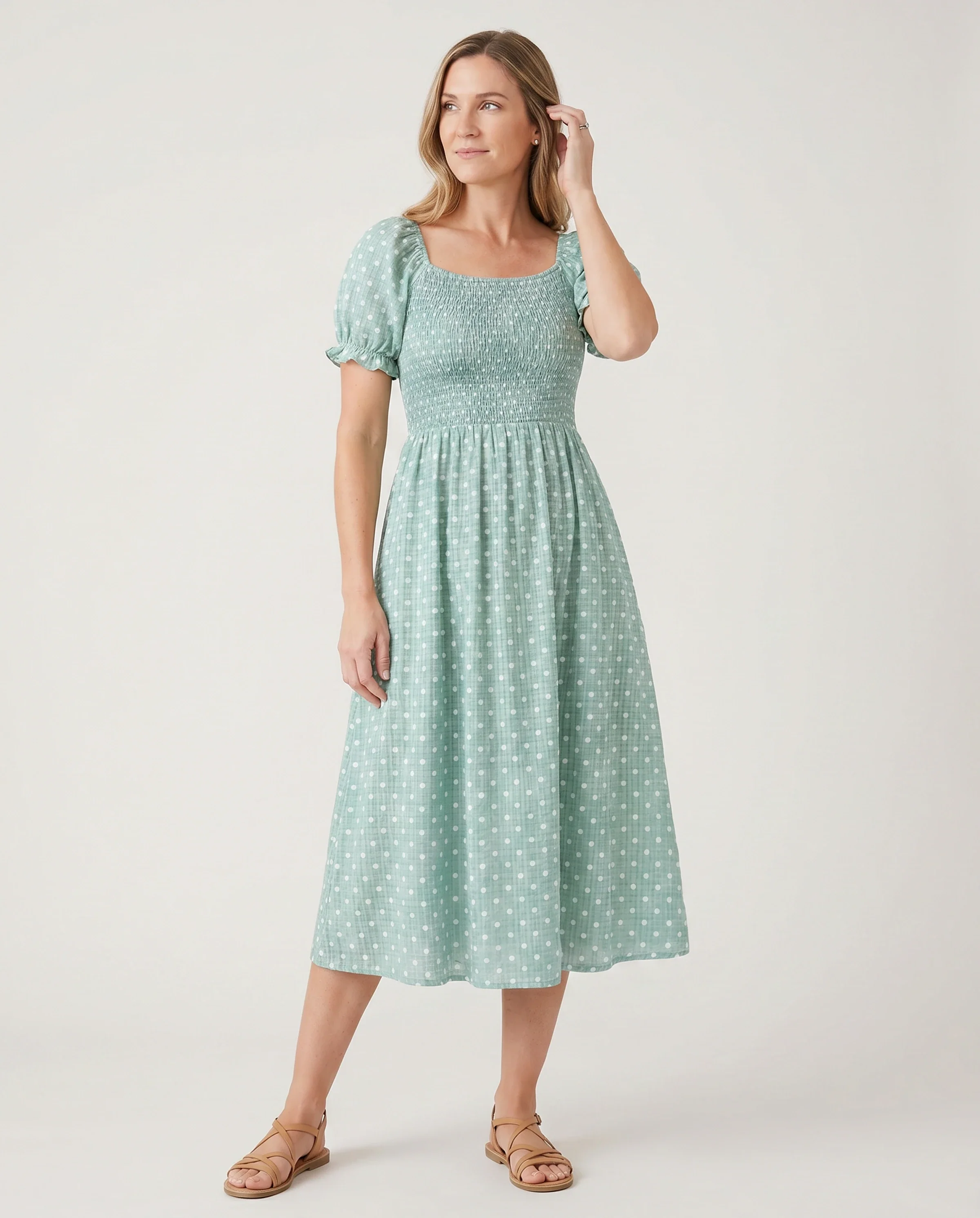 Family Matching T-Shirt & Dress Set Polka Dot Puff-sleeve Dress for Mom, Daughter & Baby, Color Block Cotton Tee for Dad & Son, Perfect for Family Outings & Photos Light Green - Image 2
