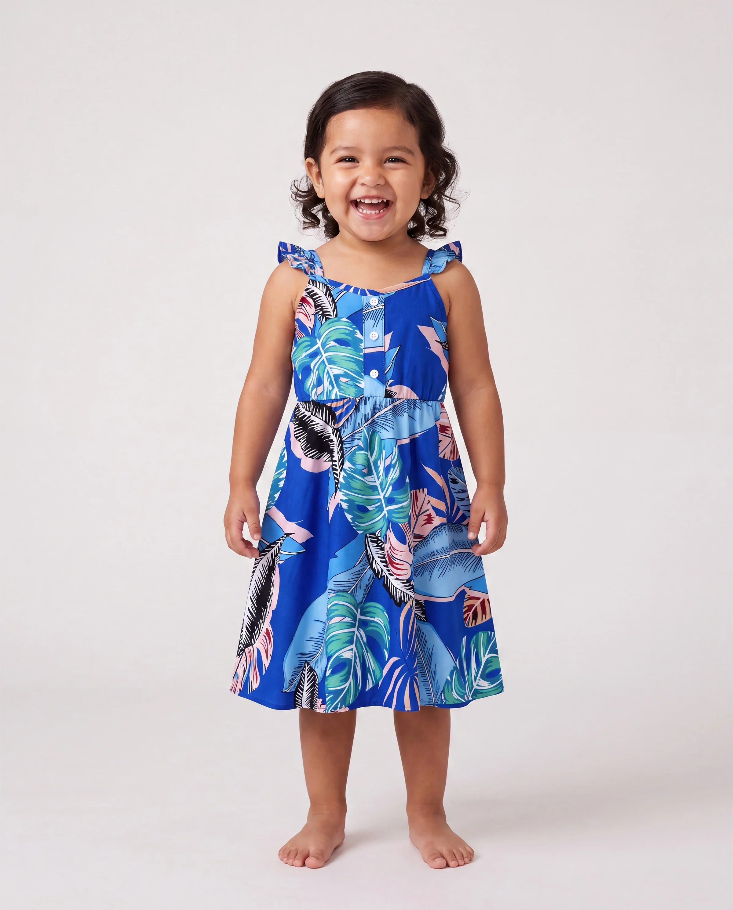 Family Matching Tropical Dress & T-shirt Set – Blue Floral Print for Dad, Mom, Girls & Baby, Perfect for Summer Vacations and Family Photos Blue - Image 3
