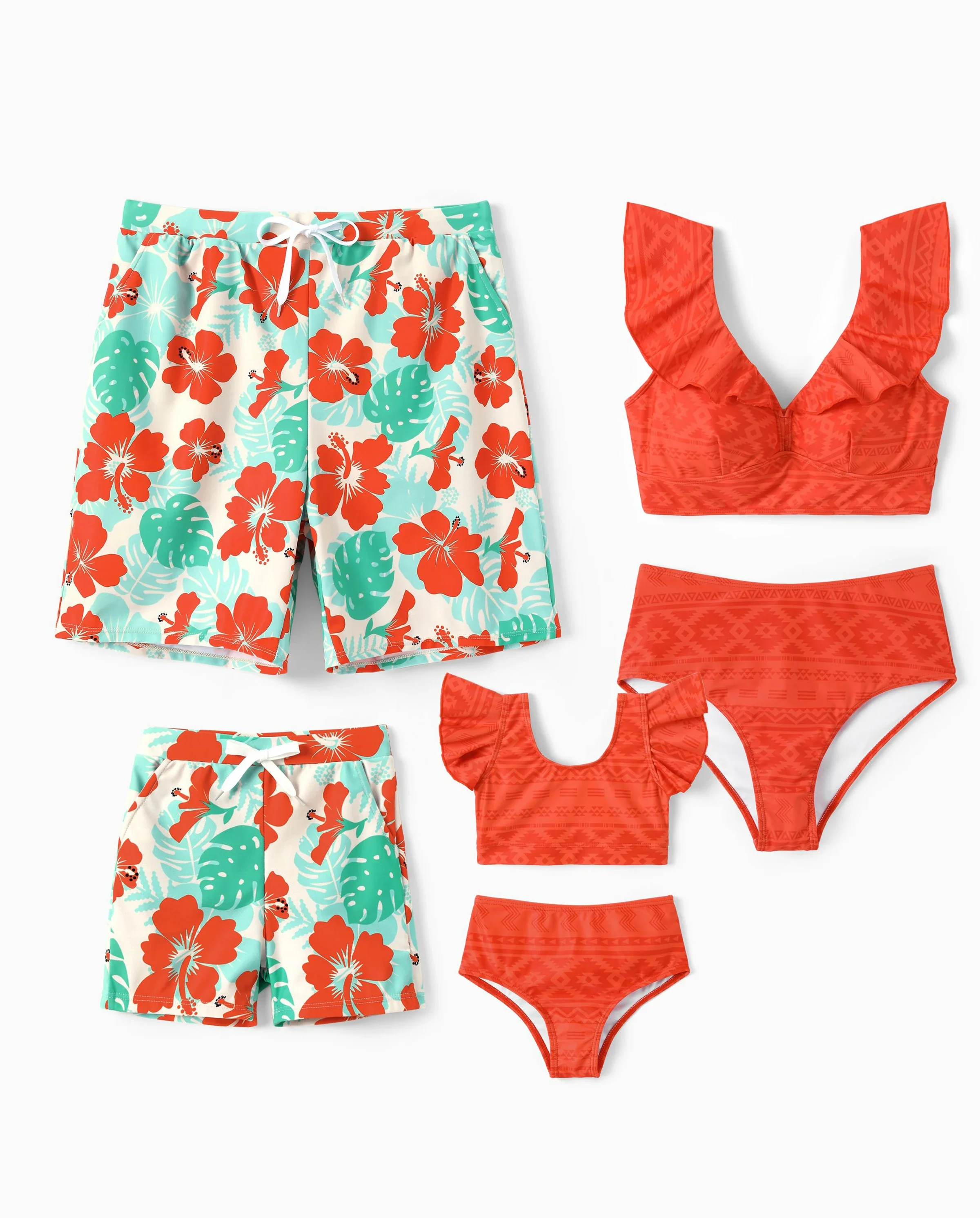 Family Matching Tropical Floral Print Swim Trunk or Ruffle Trim Bikini with Optional Beach Cover-Up Dress Orange - Image 11