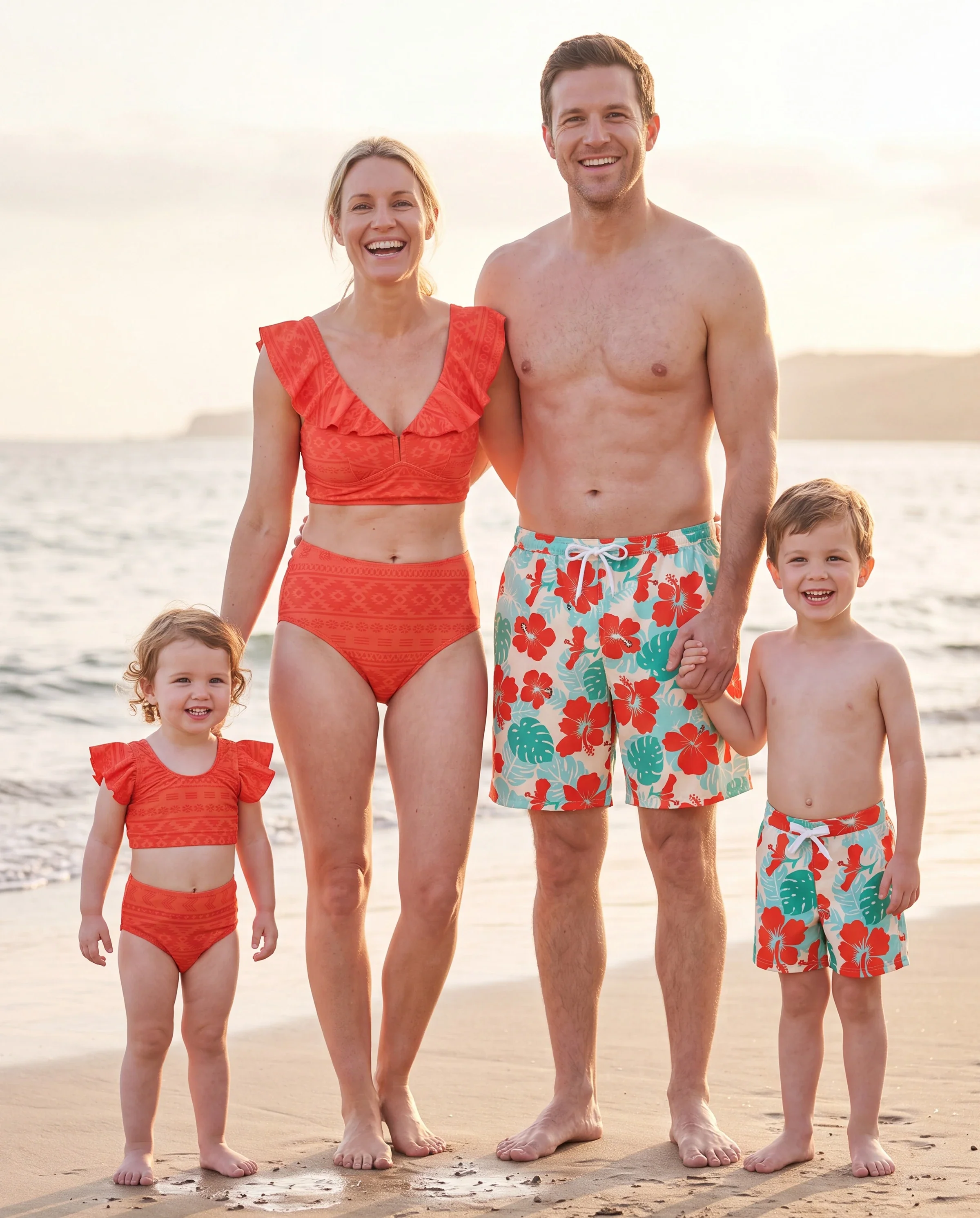 Family Matching Tropical Floral Print Swim Trunk or Ruffle Trim Bikini with Optional Beach Cover-Up Dress Orange - Image 12