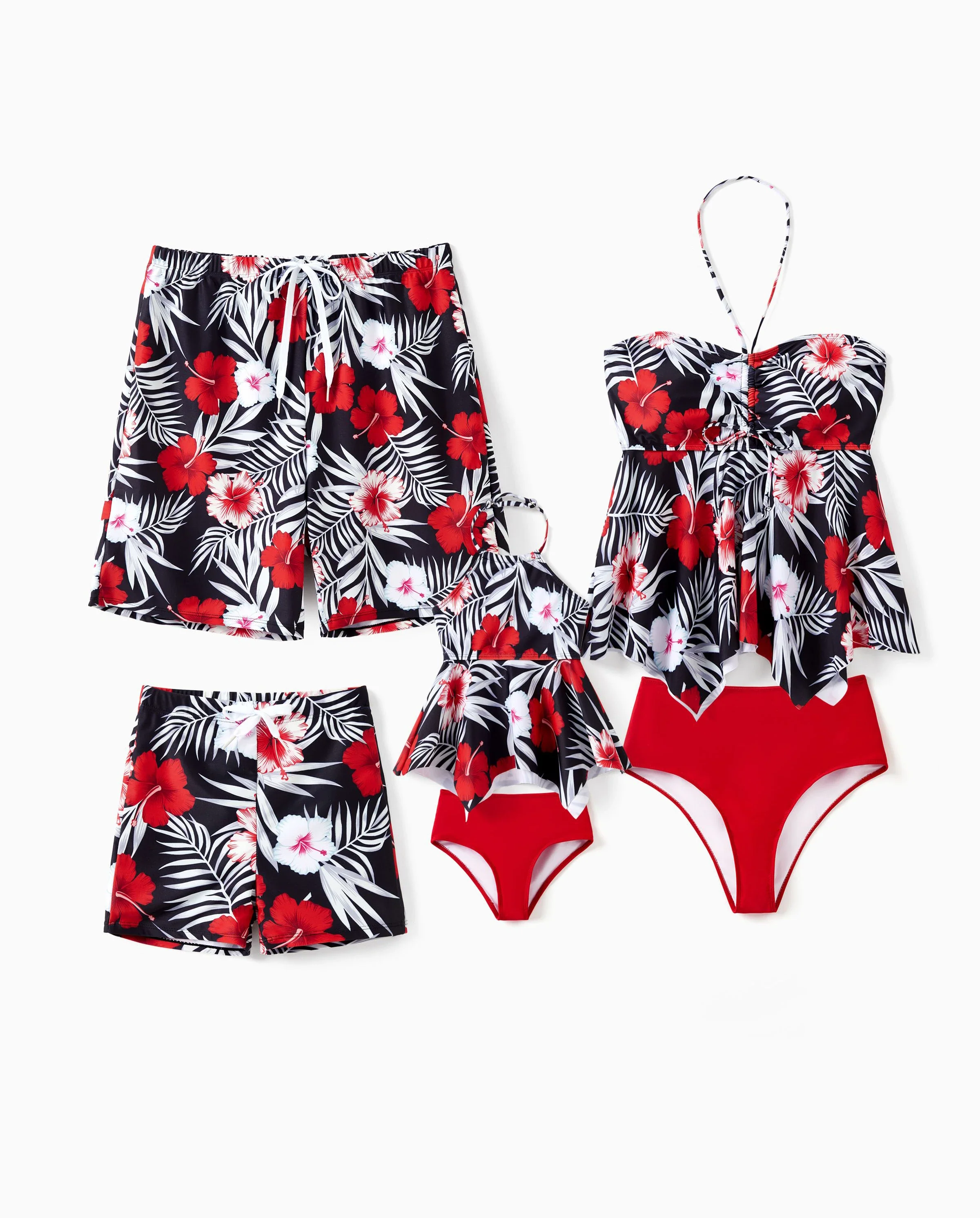 Family Matching Tropical Floral Swim Trunk or 2 Pieces Halter Swimsuit Black - Image 9