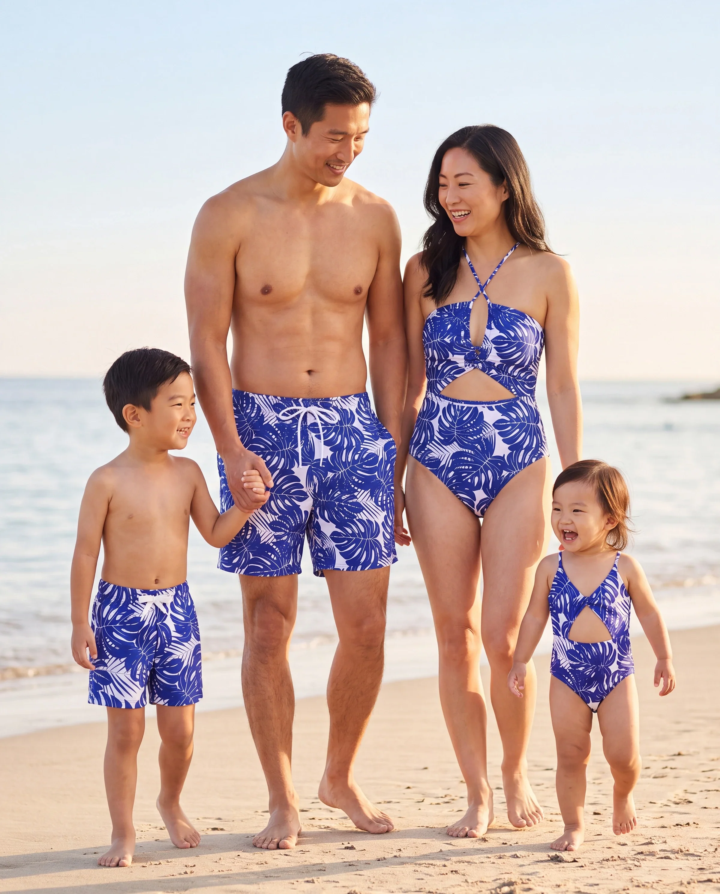 Family Matching Tropical Leaf Print Swim Trunks or Hollow-out Crisscross Straps One-piece Swimsuit Blue - Image 10