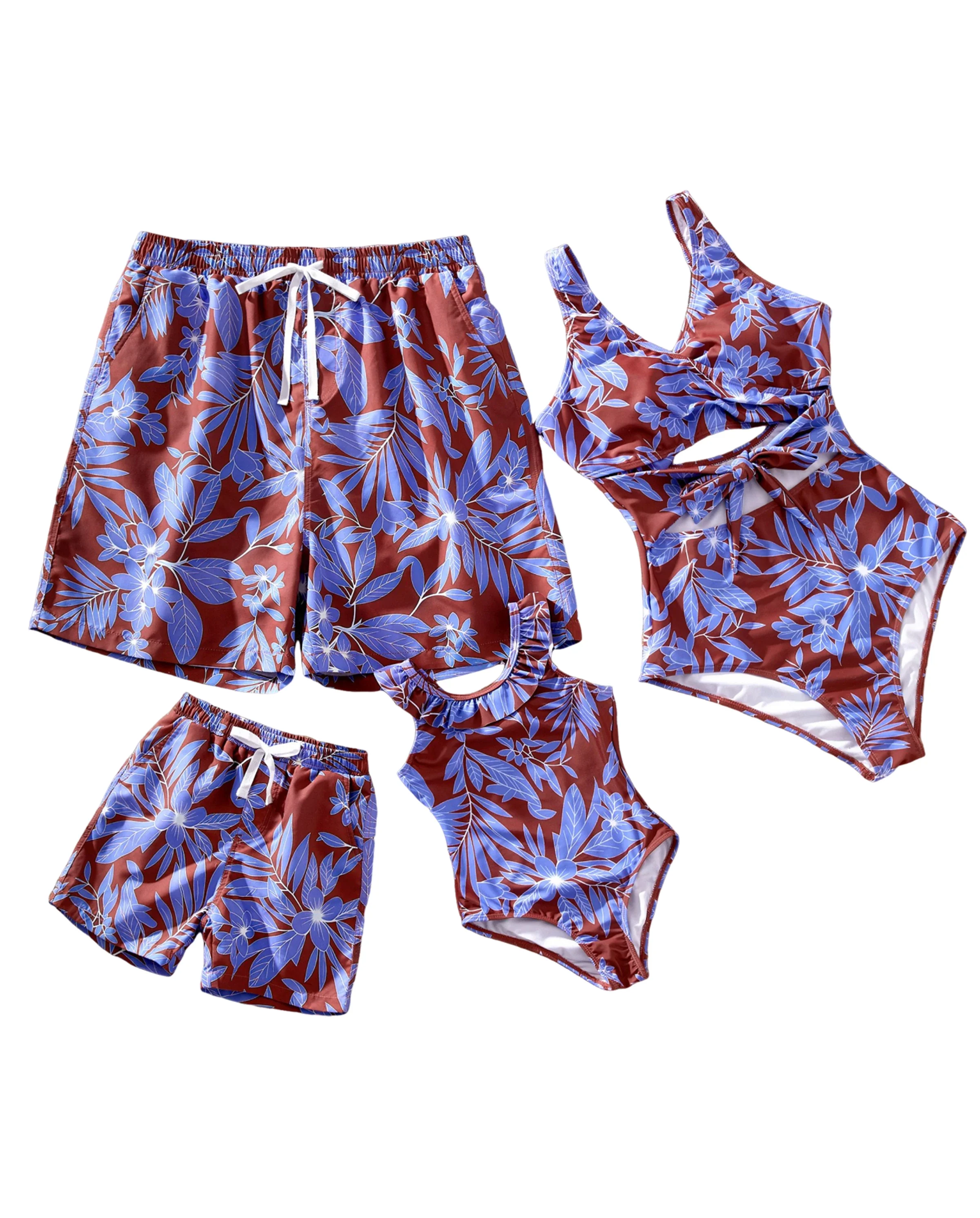 Family Matching Tropical Leaf Print Swimsuits Cutout One-Piece & Swim Trunks Set Multi-color - Image 9