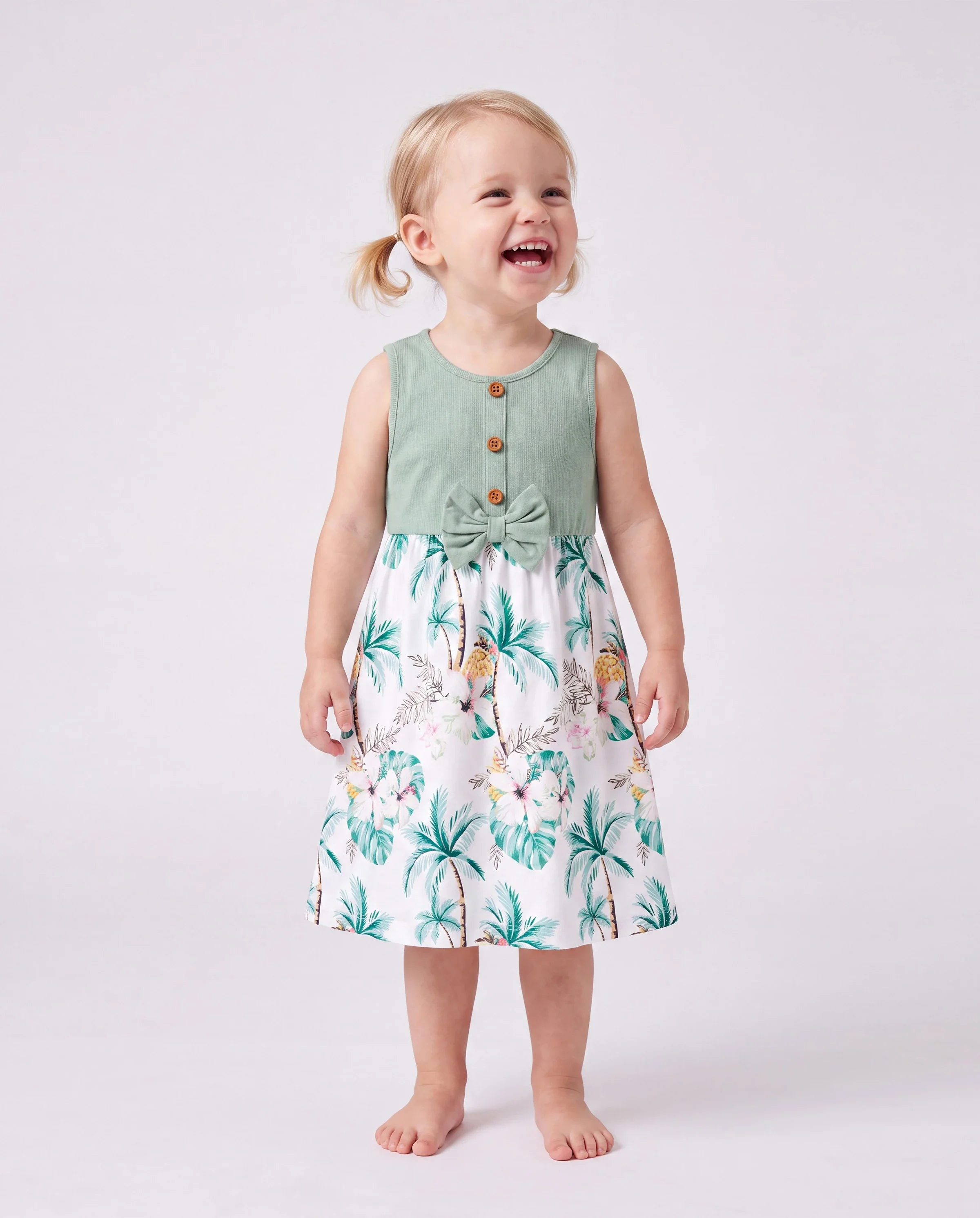 Family Matching Tropical Print Outfits Mommy & Me Tank Dress & Dad/Kids Cotton T-Shirt Set
Green - Image 3