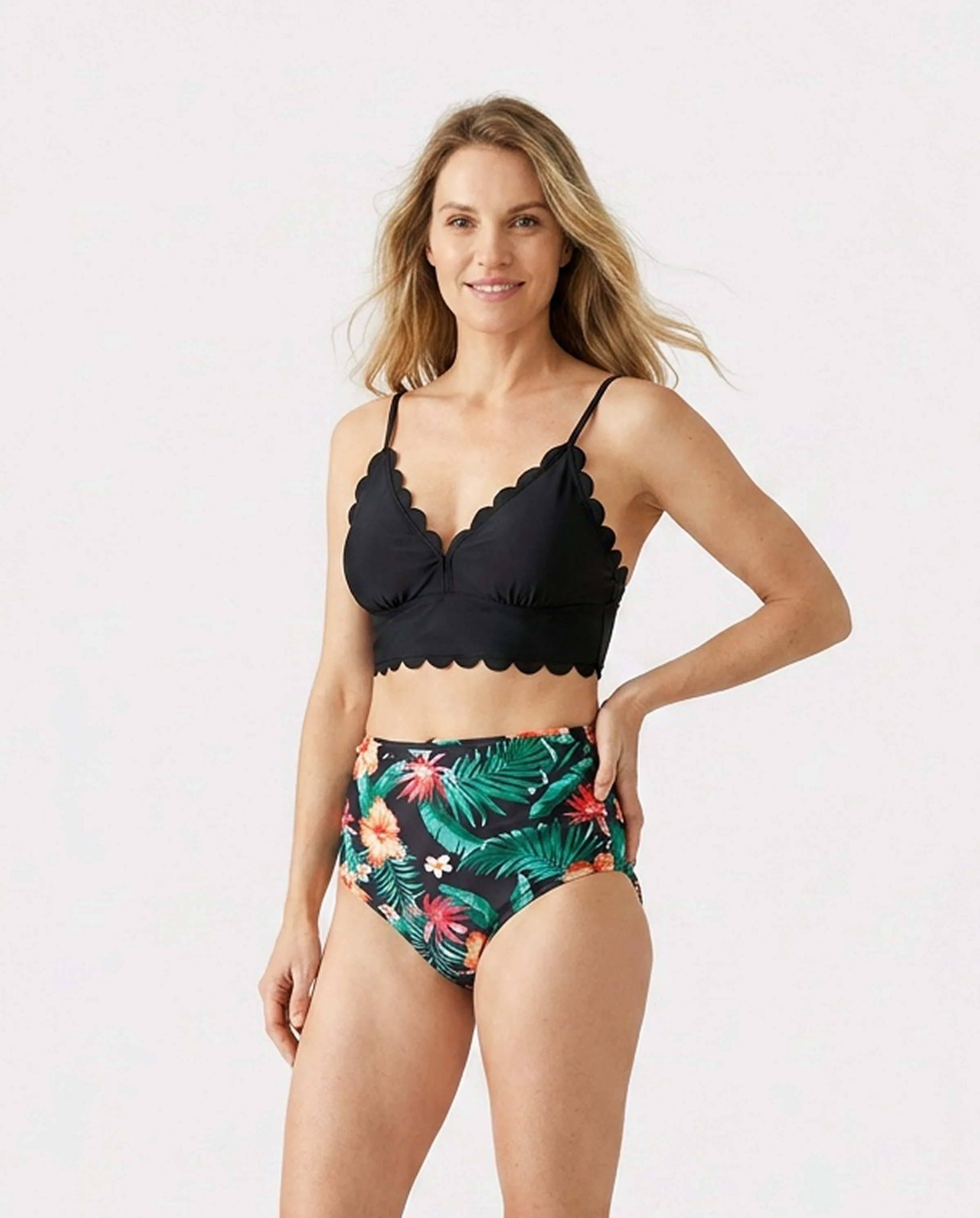 Family Matching Tropical Print Swimwear Set V-Neck Bikini & Swim Trunks Black - Image 2