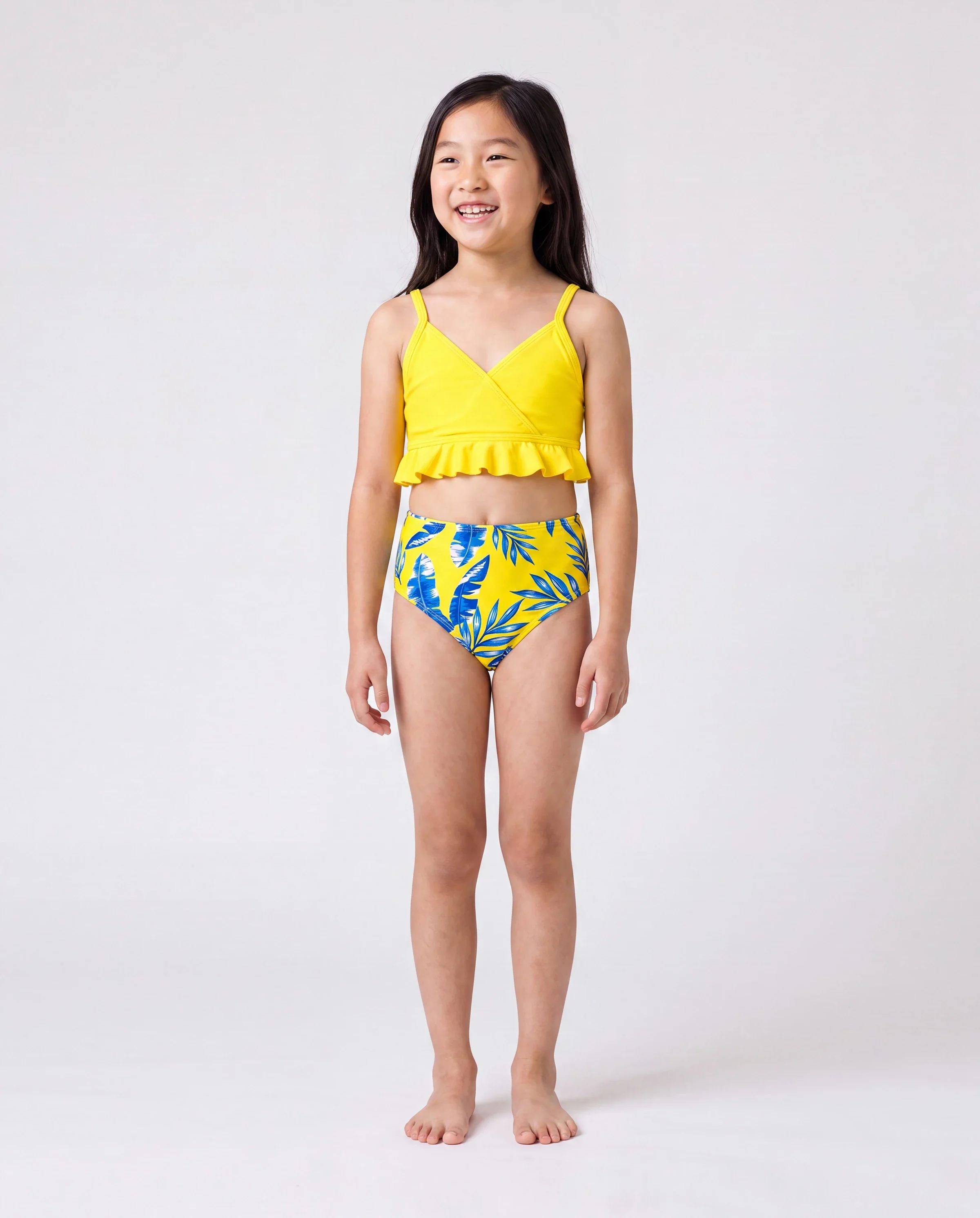 Family Matching Yellow Leaf Print Swim Trunks or Ruched Flutter Sleeve Bikini with Optional Swim Cover Up Yellow - Image 3
