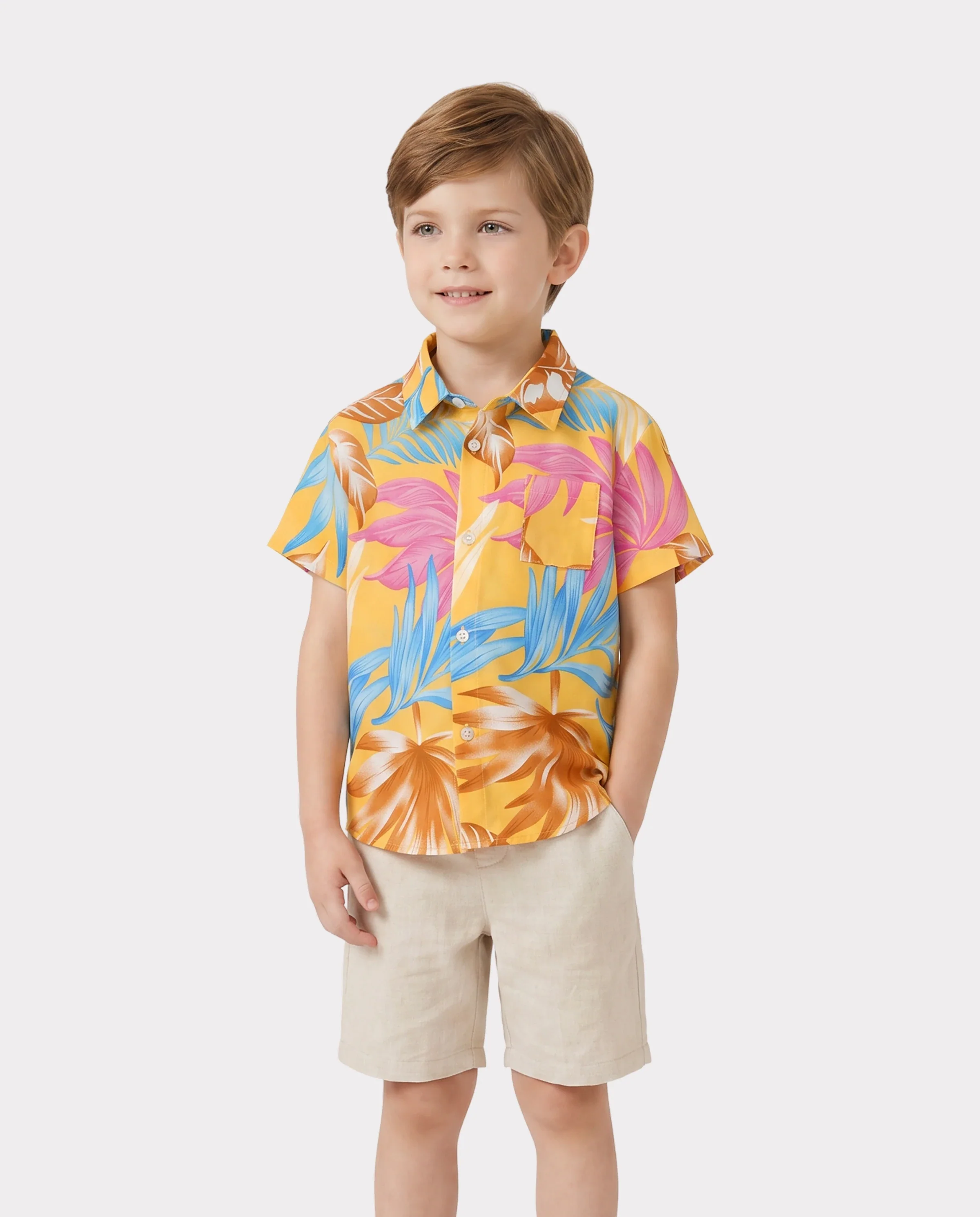 Family Matching Yellow Set Tropical Leaf Print Short-sleeve Shirt or Strap Dress Yellow - Image 5
