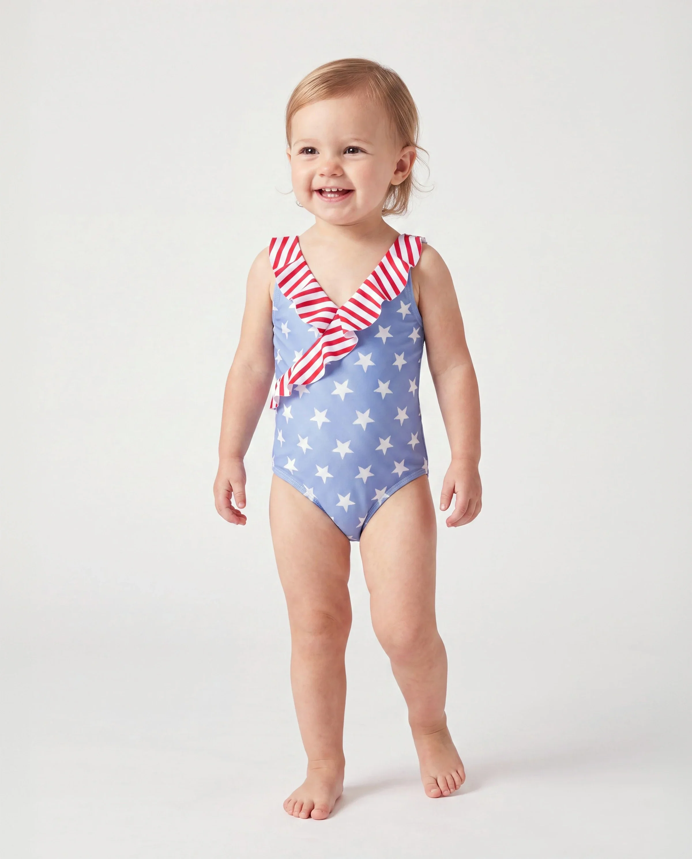 Independence Day 4th of July Daddy & Daughter Patriotic Swimwear Stars and Stripes Board Shorts or Ruffled Layers V-neck One-Piece Swimsuits Blue - Image 3