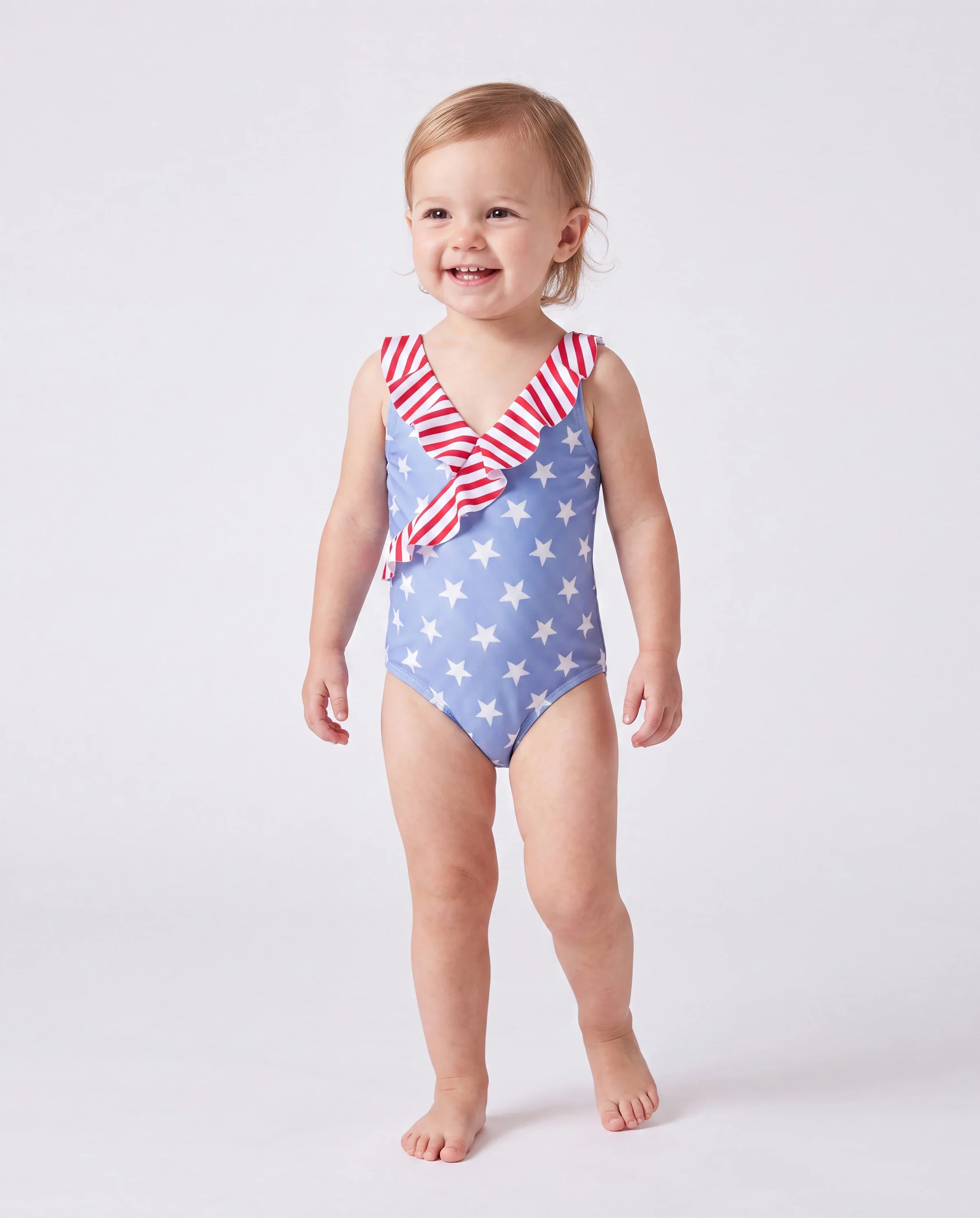 Independence Day 4th of July Family Matching Patriotic Swimwear Stars and Stripes Board Shorts or Ruffled Layers V-neck One-Piece Swimsuits Blue - Image 3