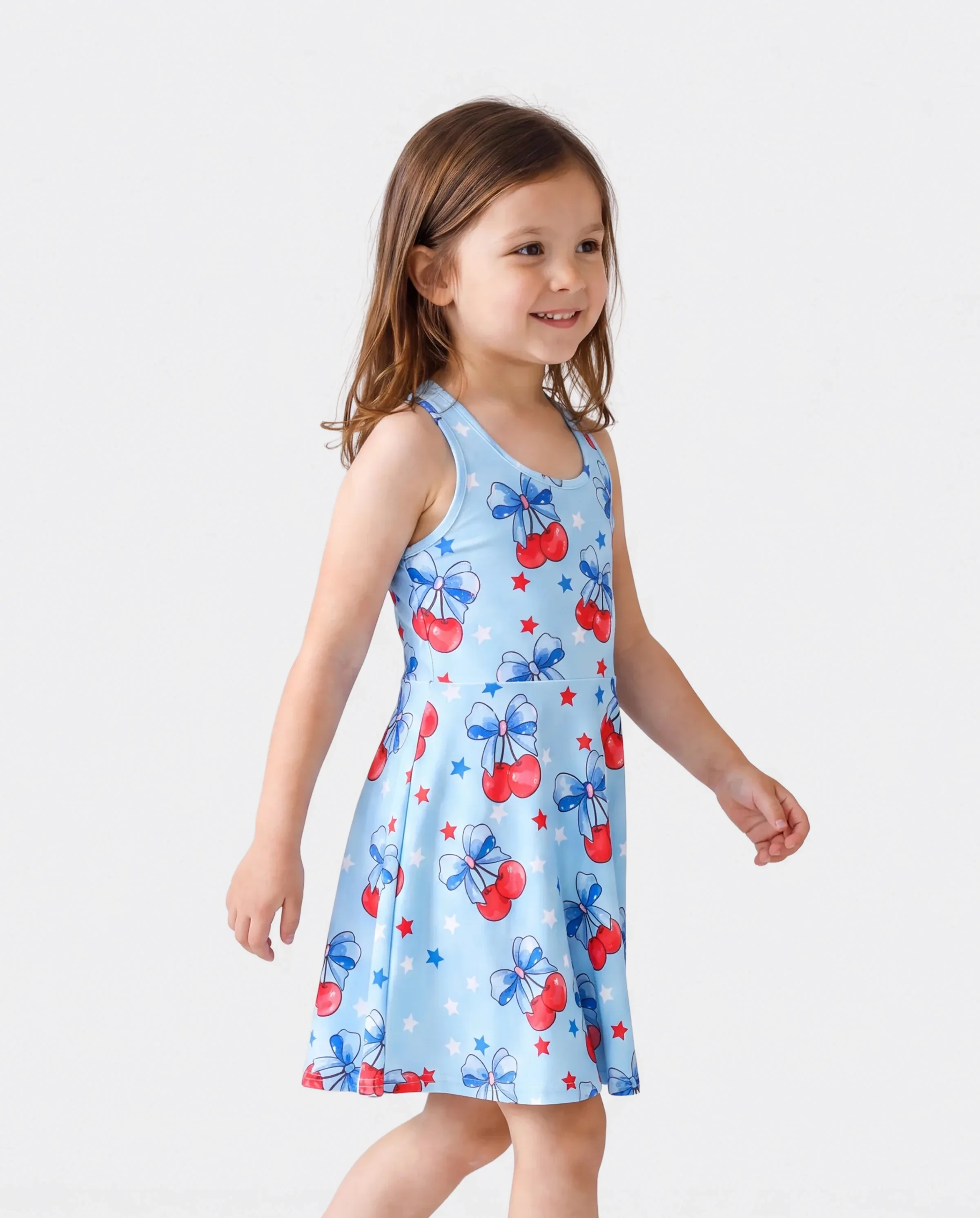 Independence Day Toddler Girls Patriotic Cherry/Star Print Casual Sleeveless Dress Light Blue - Image 3
