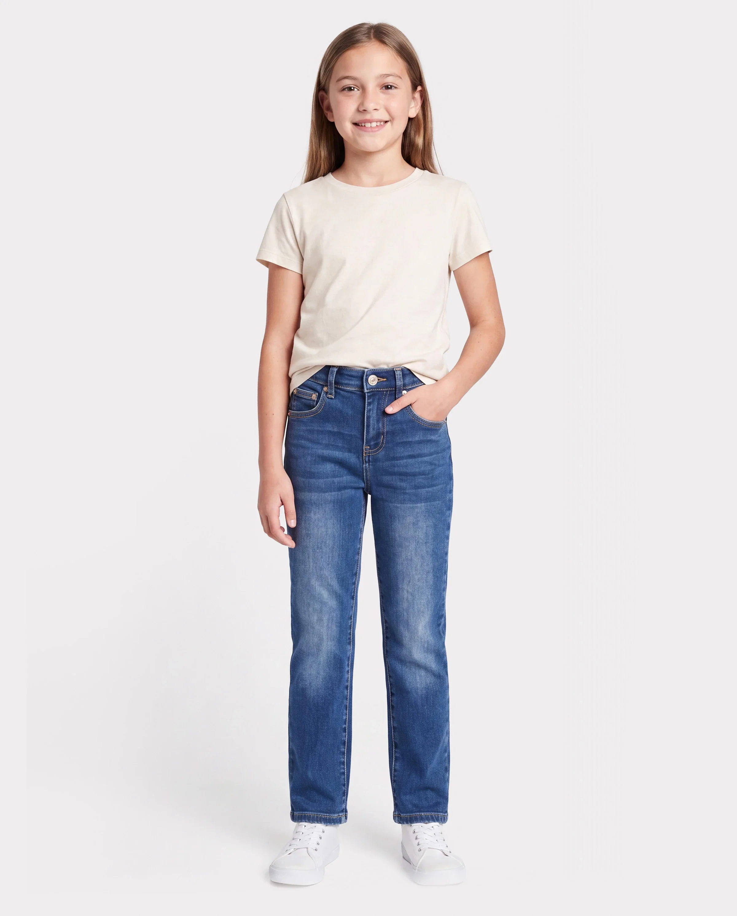 Kids Pull On Elastic Waist Denim Jeans Soft Stretch Comfortable Everyday Pants with Pockets Deep Blue