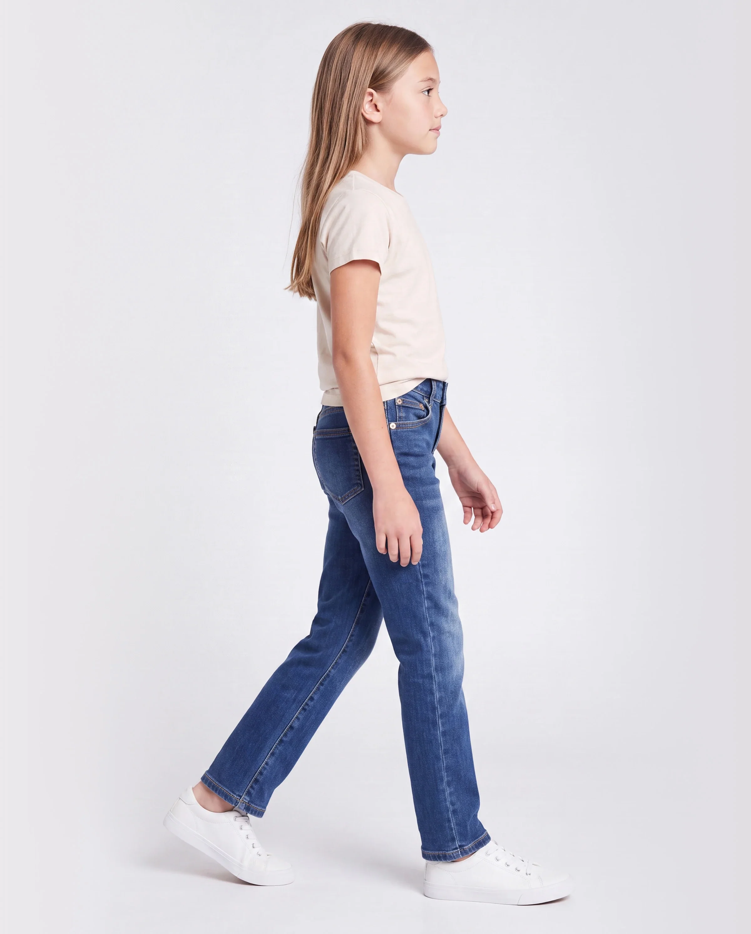Kids Pull On Elastic Waist Denim Jeans Soft Stretch Comfortable Everyday Pants with Pockets Deep Blue - Image 3
