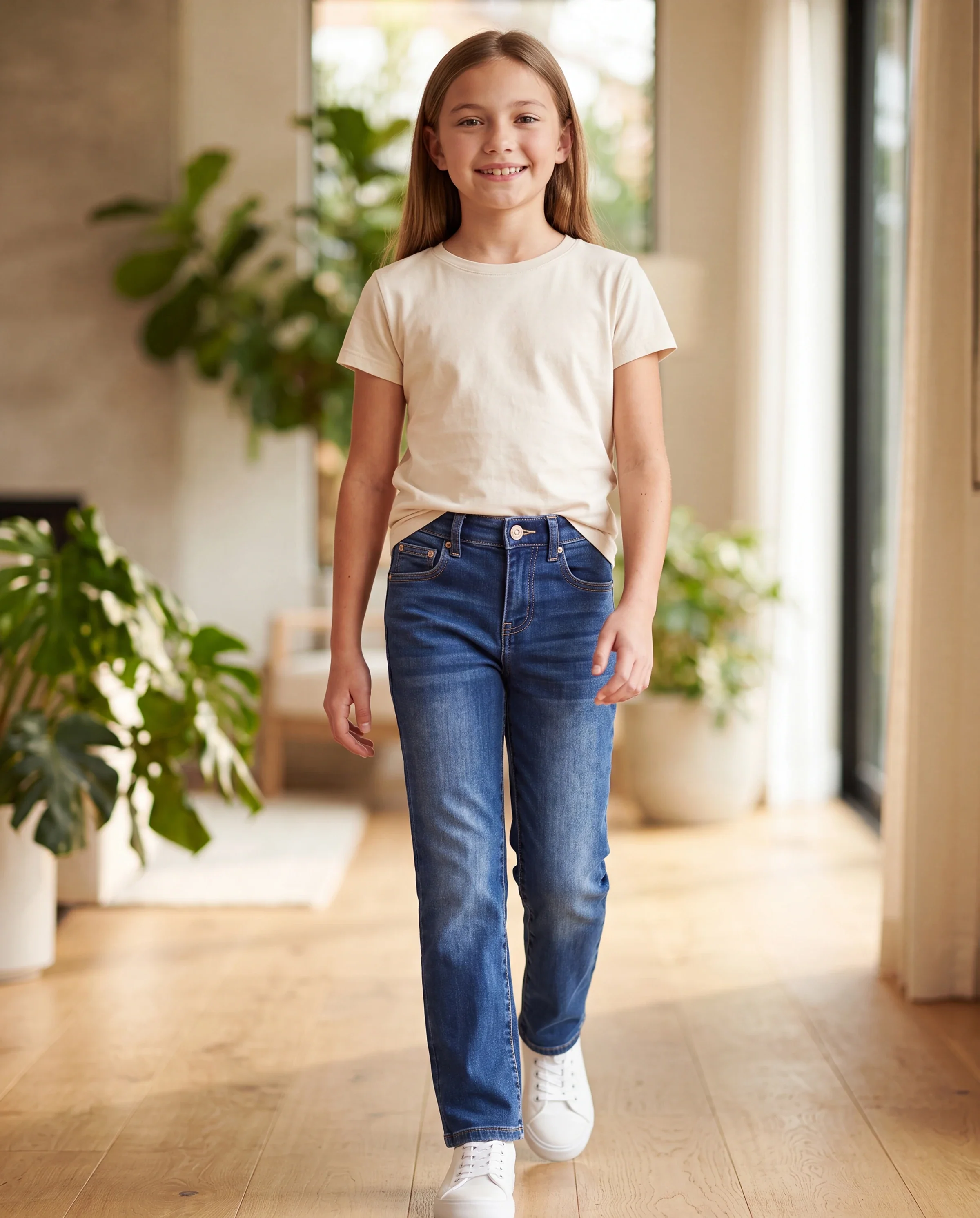 Kids Pull On Elastic Waist Denim Jeans Soft Stretch Comfortable Everyday Pants with Pockets Deep Blue - Image 6