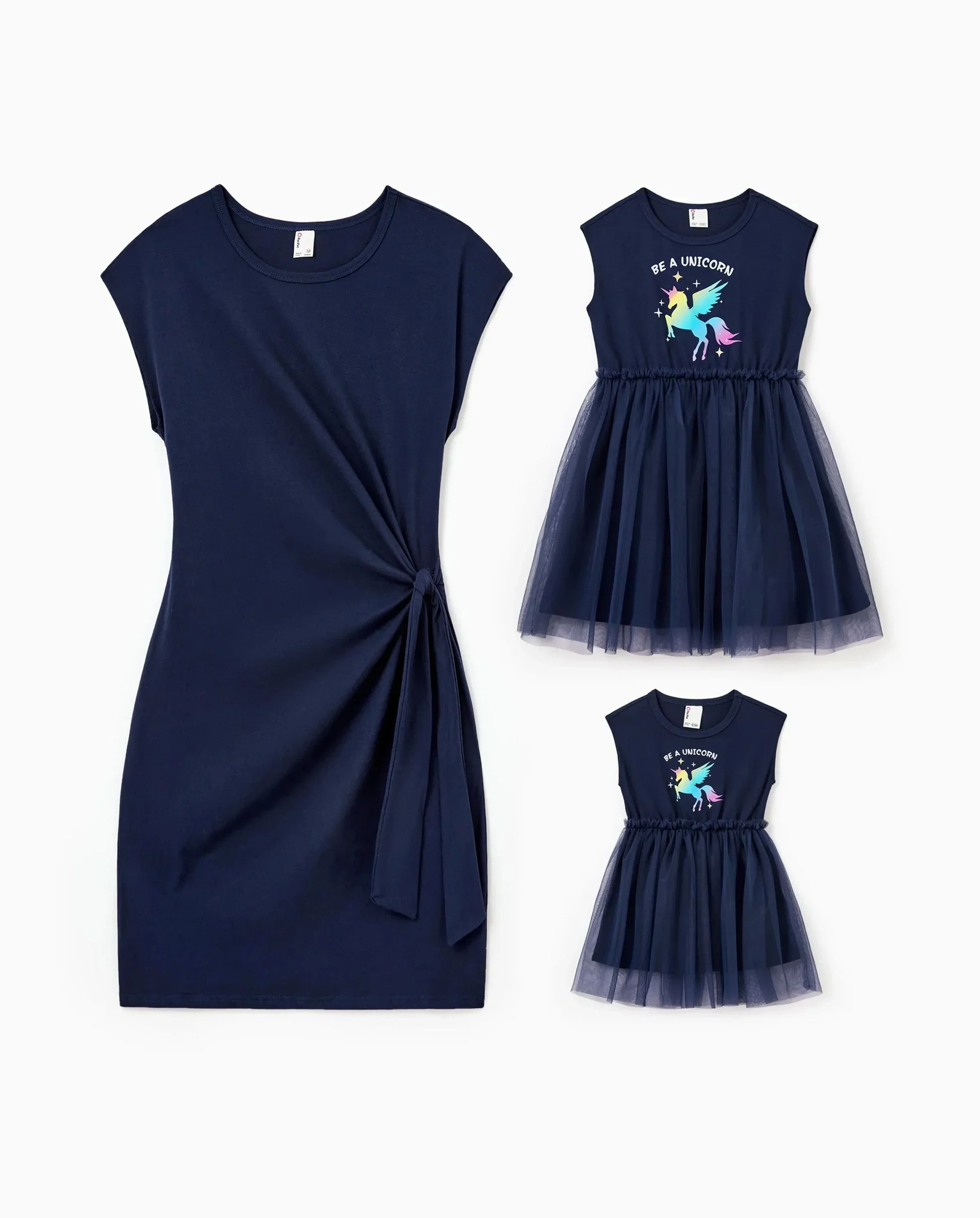 Matching Cotton Dresses for Mommy & Me Unicorn Print with Tulle Skirt for Girls, Knotted Dress for Mom, Perfect for Family Outings & Photos Deep Blue - Image 8