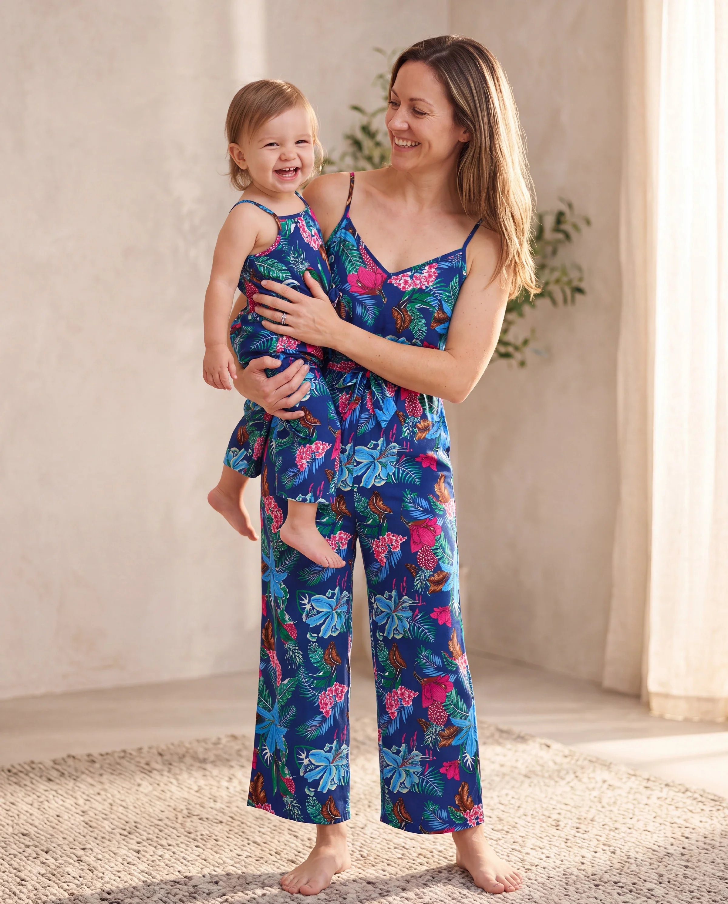 Matching Family Floral Print Sleeveless Cami Jumpsuit for Mommy & Me Deep Blue - Image 8