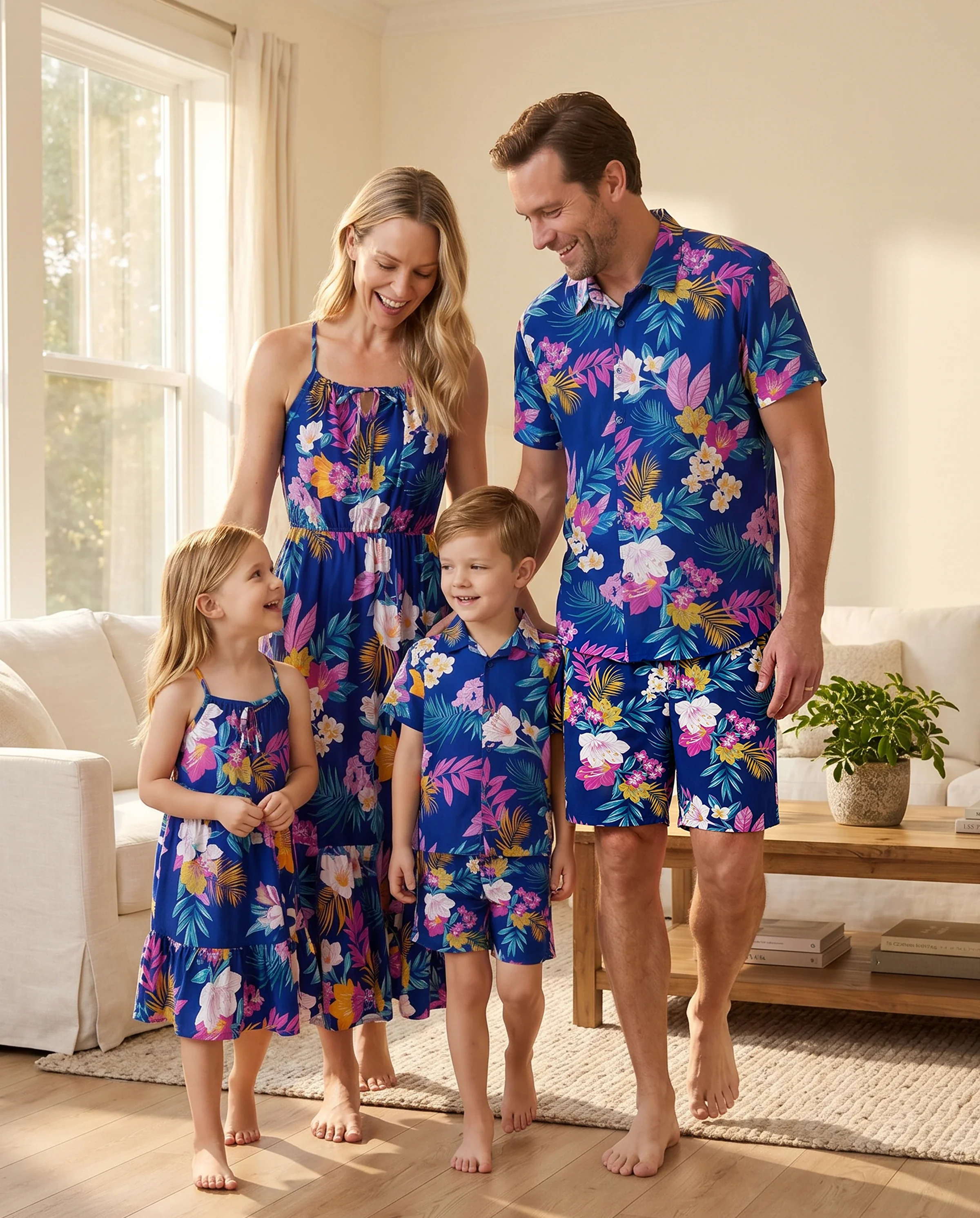 Matching Family Hawaiian Outfits Tropical Floral Print Strap Dress or Short-sleeve Shirts & Shorts Set Summer Beachwear Set for Vacation Deep Blue - Image 10