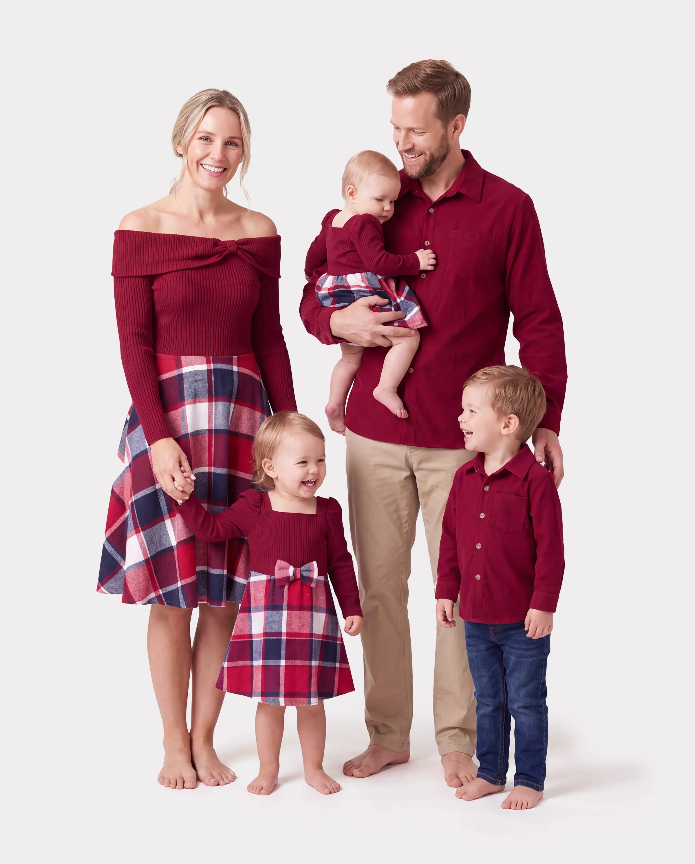 Matching Family Outfit Set Long-sleeve Shirt and Off Shoulder Long-sleeve Plaid Splicing Knitted Dress Burgundy