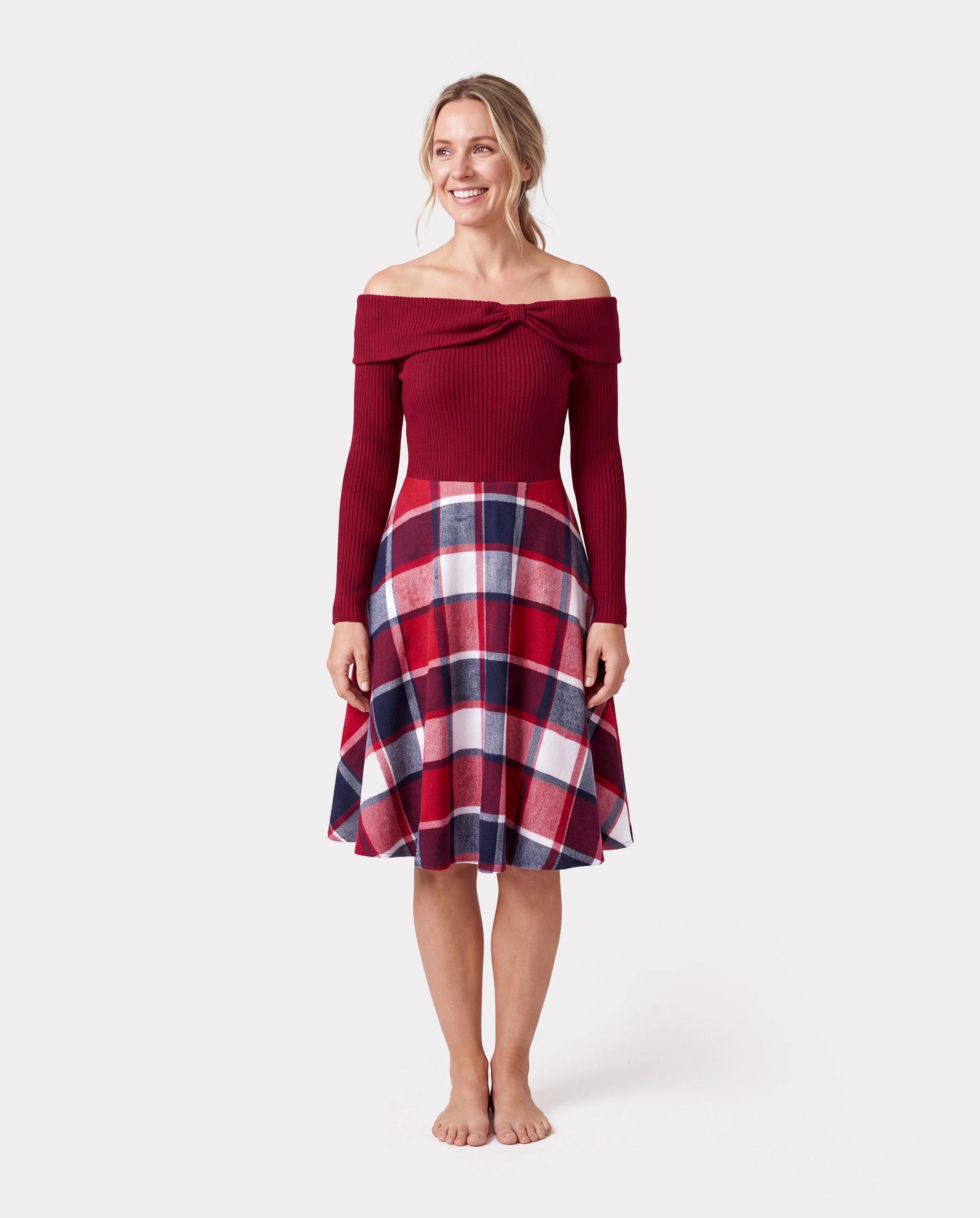 Matching Family Outfit Set Long-sleeve Shirt and Off Shoulder Long-sleeve Plaid Splicing Knitted Dress Burgundy - Image 2