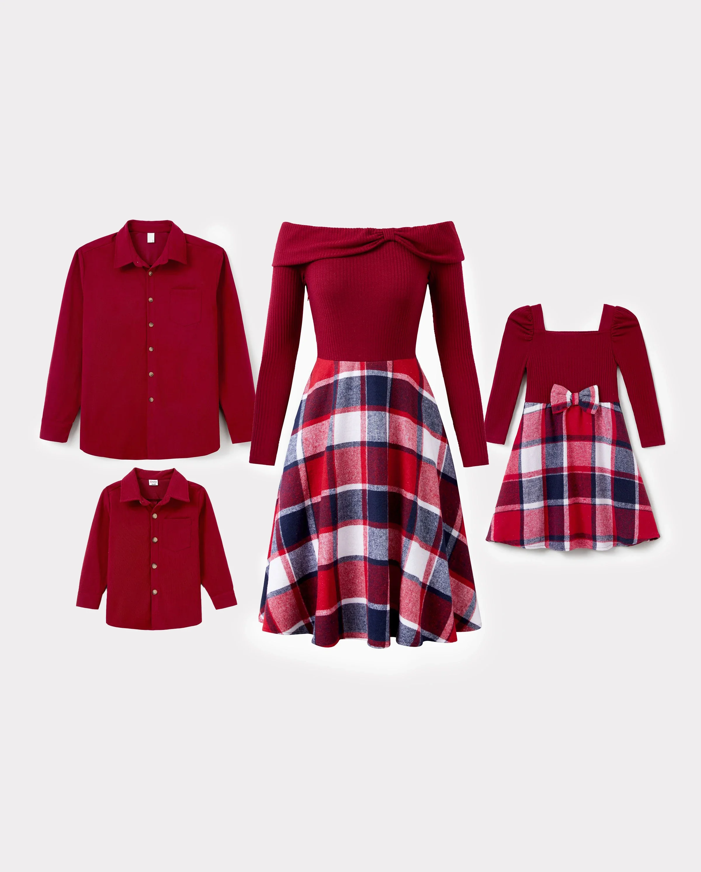 Matching Family Outfit Set Long-sleeve Shirt and Off Shoulder Long-sleeve Plaid Splicing Knitted Dress Burgundy - Image 9