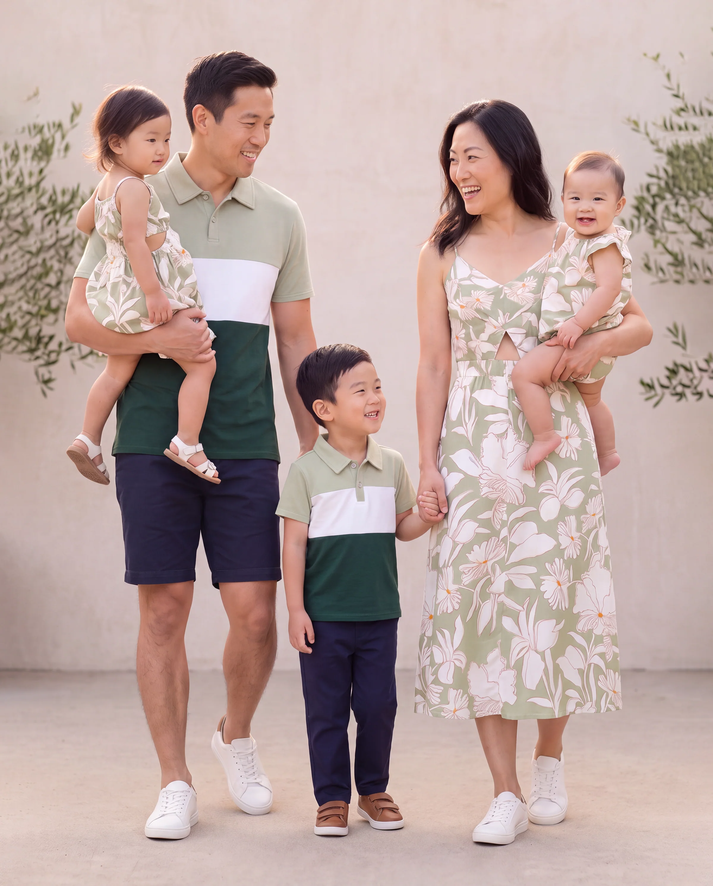 Matching Family Outfits Tropical Floral Print Strap Dress or Short-sleeve Colorblock Shirts Set Pale Green - Image 12