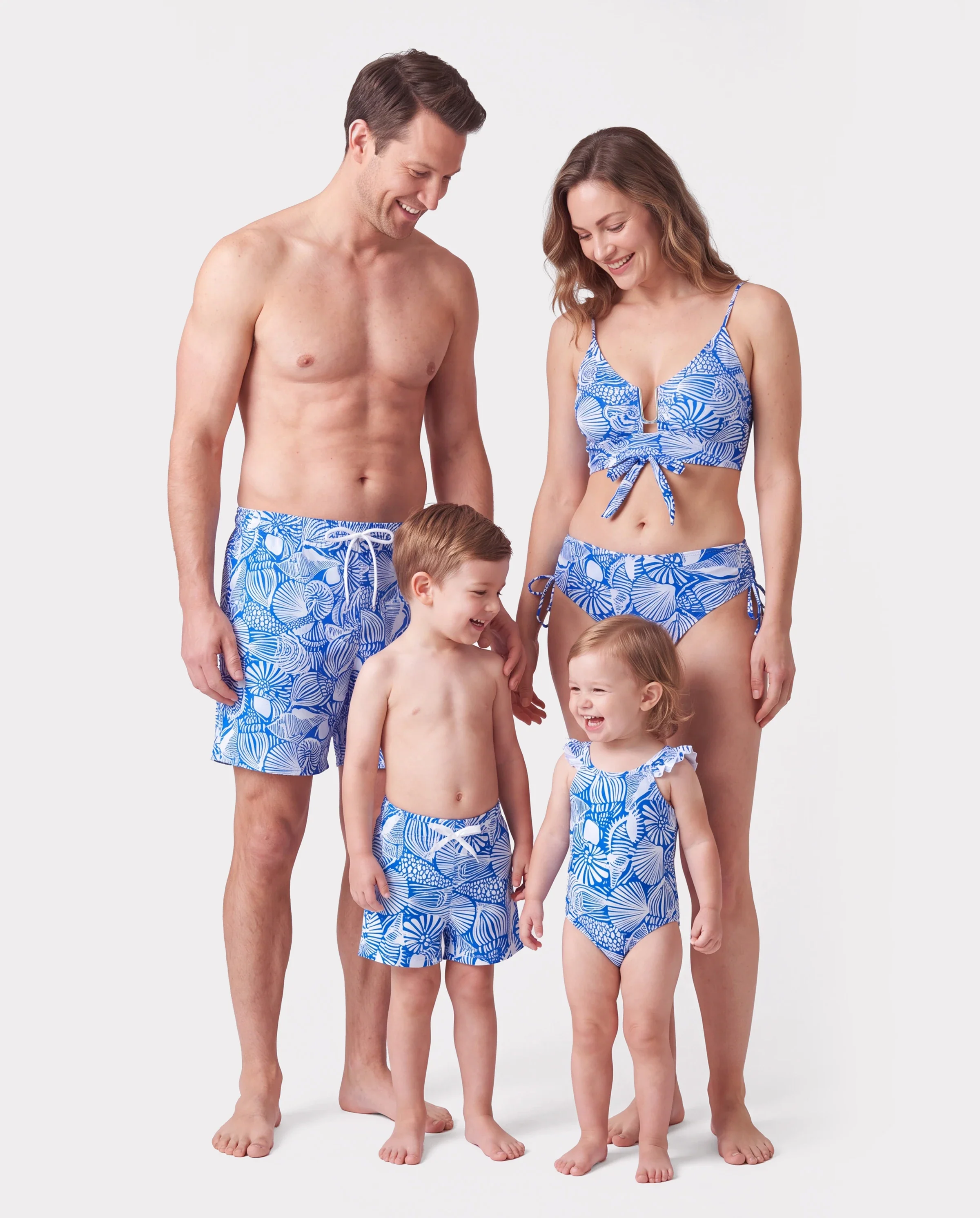 Matching Family Shell Print Swimwear Floral two-piece Bikini & Swim Shorts Set for Mom, Dad, & Kids, Perfect for Beach Days & Pool Parties Blue