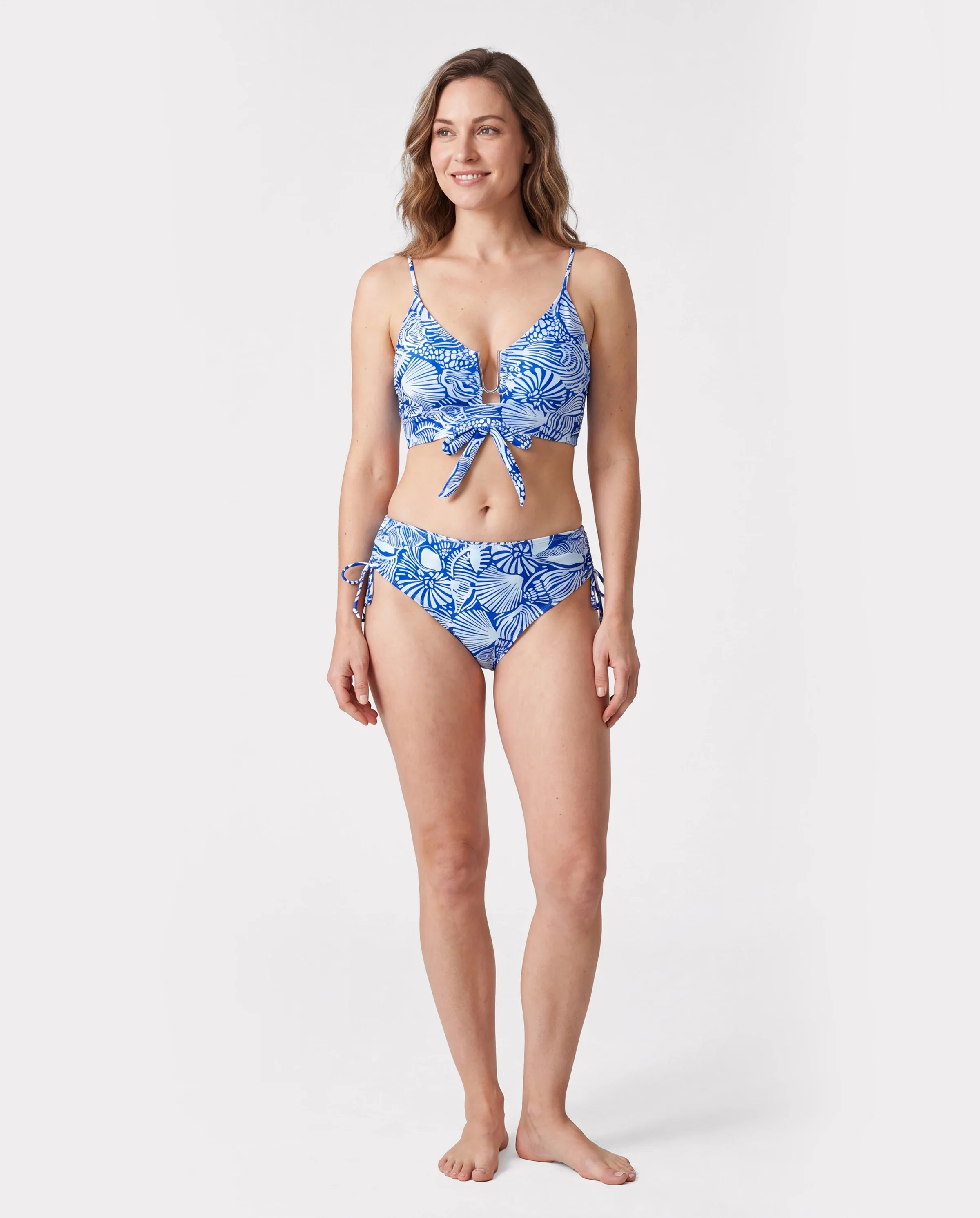 Matching Family Shell Print Swimwear Floral two-piece Bikini & Swim Shorts Set for Mom, Dad, & Kids, Perfect for Beach Days & Pool Parties Blue - Image 2