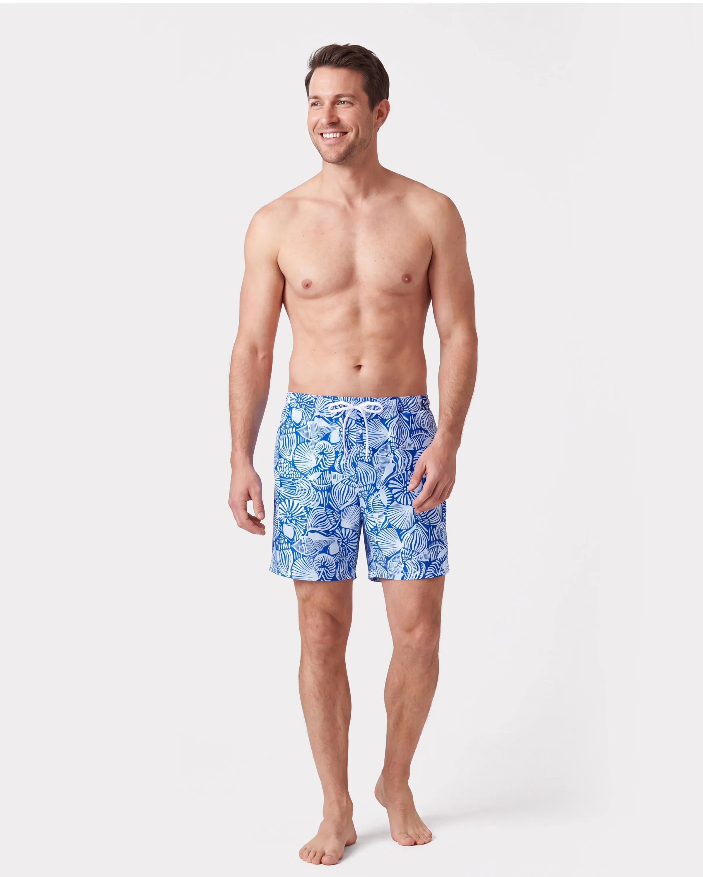 Matching Family Shell Print Swimwear Floral two-piece Bikini & Swim Shorts Set for Mom, Dad, & Kids, Perfect for Beach Days & Pool Parties Blue - Image 4
