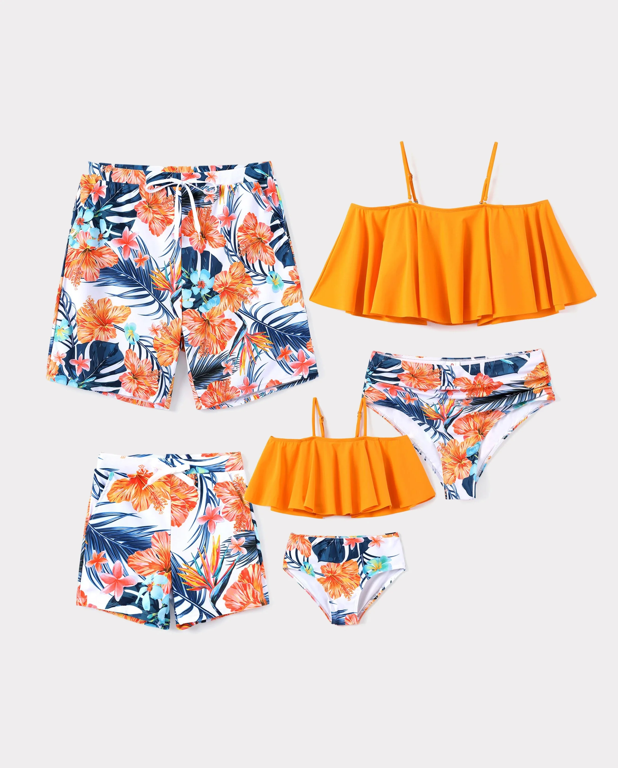 Matching Family Swimwear Tropical Floral Bikini Set with Ruffle Top for Mom & Daughter, Board Shorts for Dad & Son, Bright Summer Beach Outfits Orange - Image 10