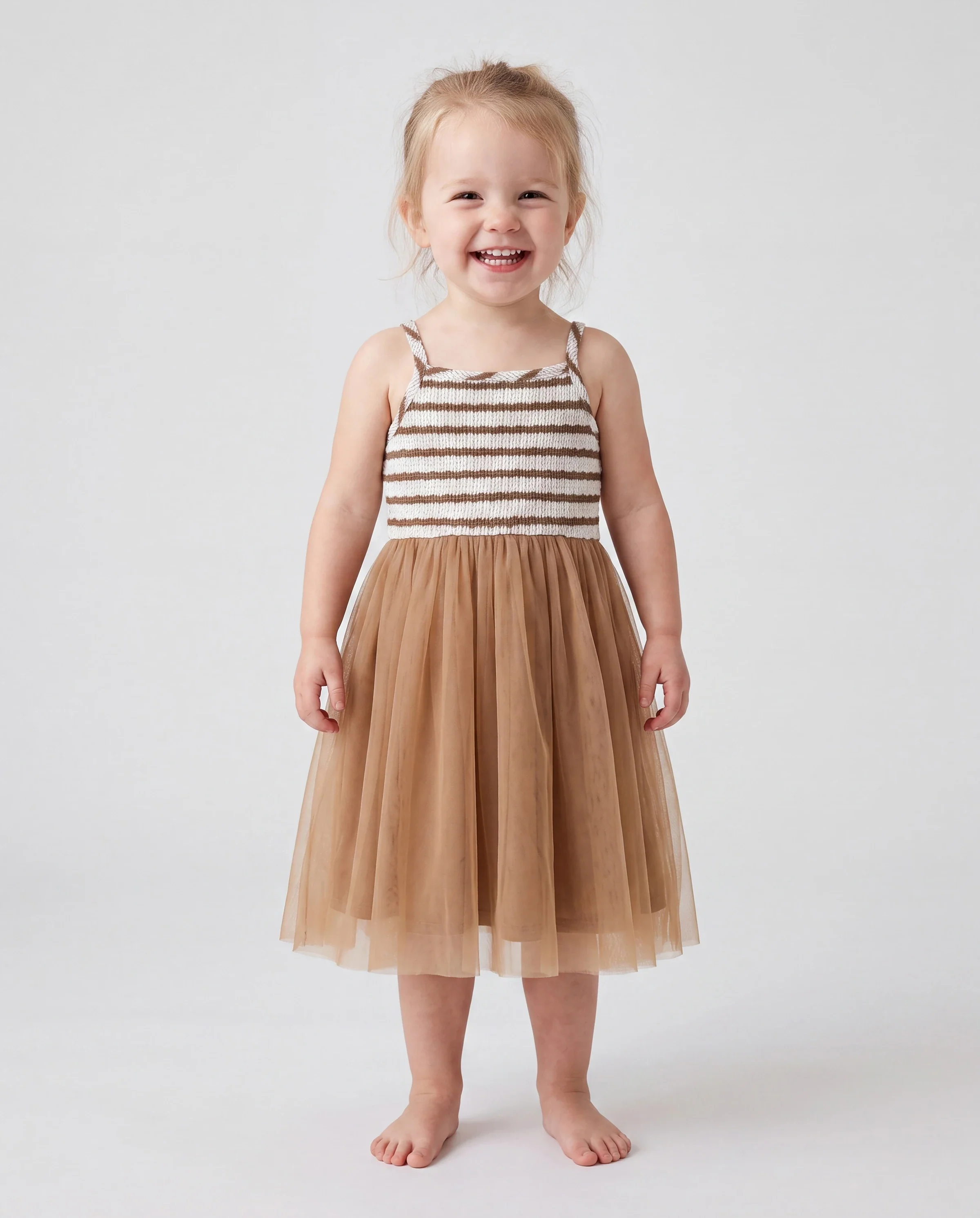 Matching Striped Dresses for Mommy & Me Twist-Front Dress with Tulle Skirt, Perfect for Summer Family Outings & Photos Khaki - Image 3